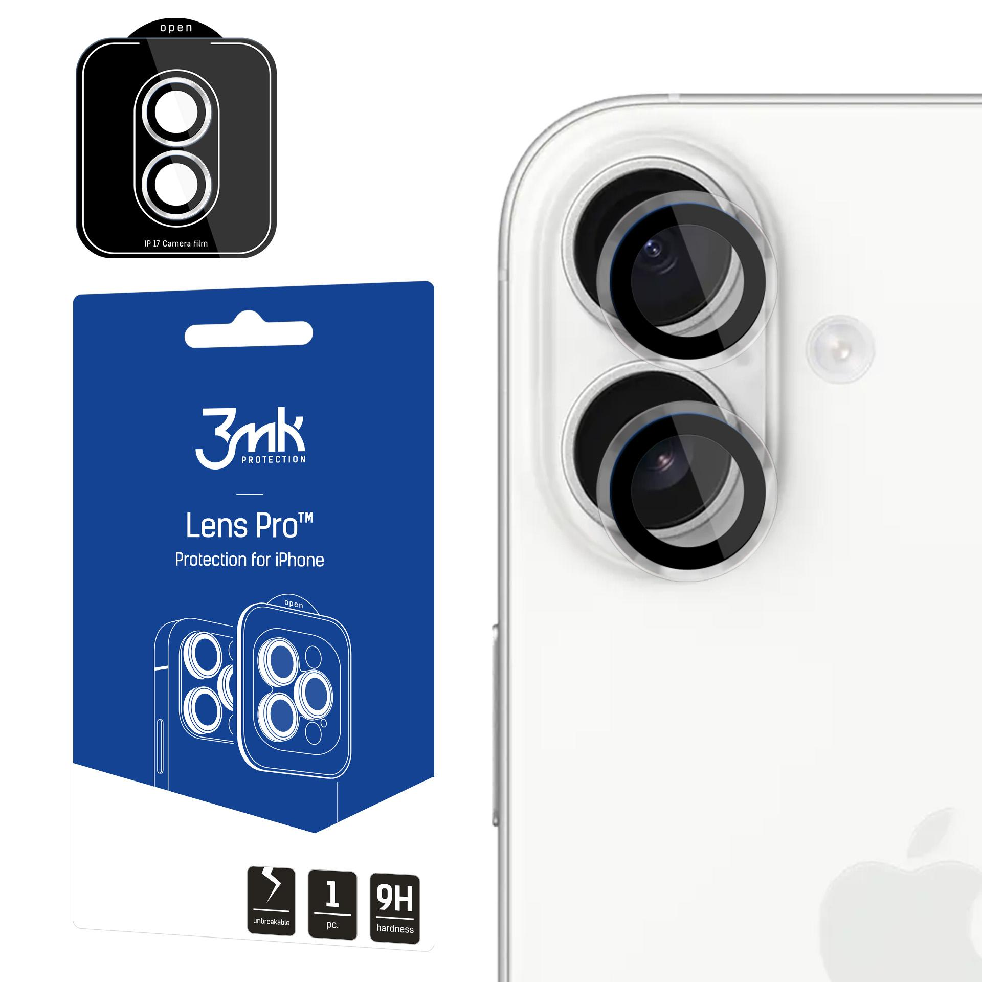 Telefono bianco con protezione schermo e scatola con protezioni per lenti. Confezione blu.