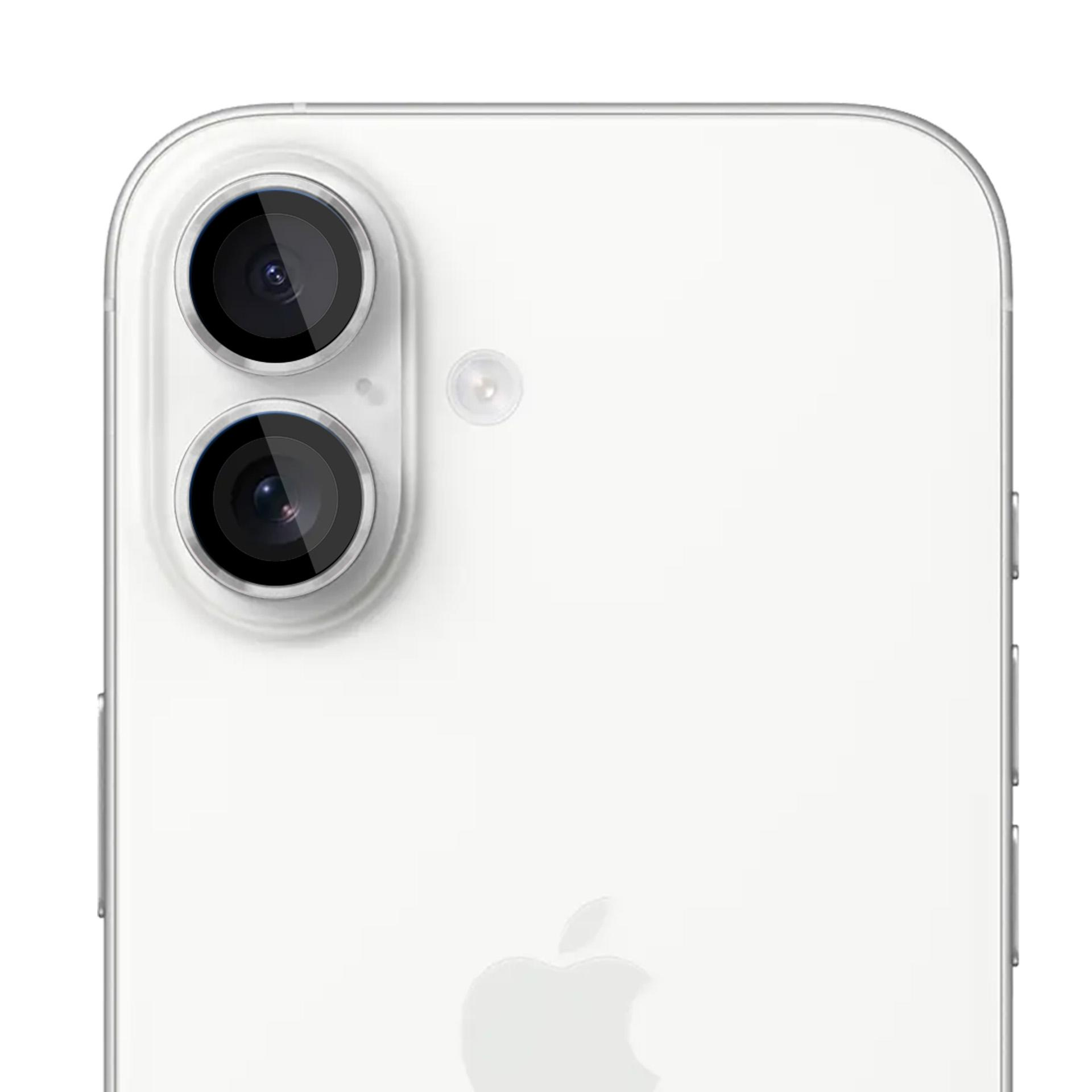 Primo piano della parte posteriore di un telefono bianco con doppia lente e flash.