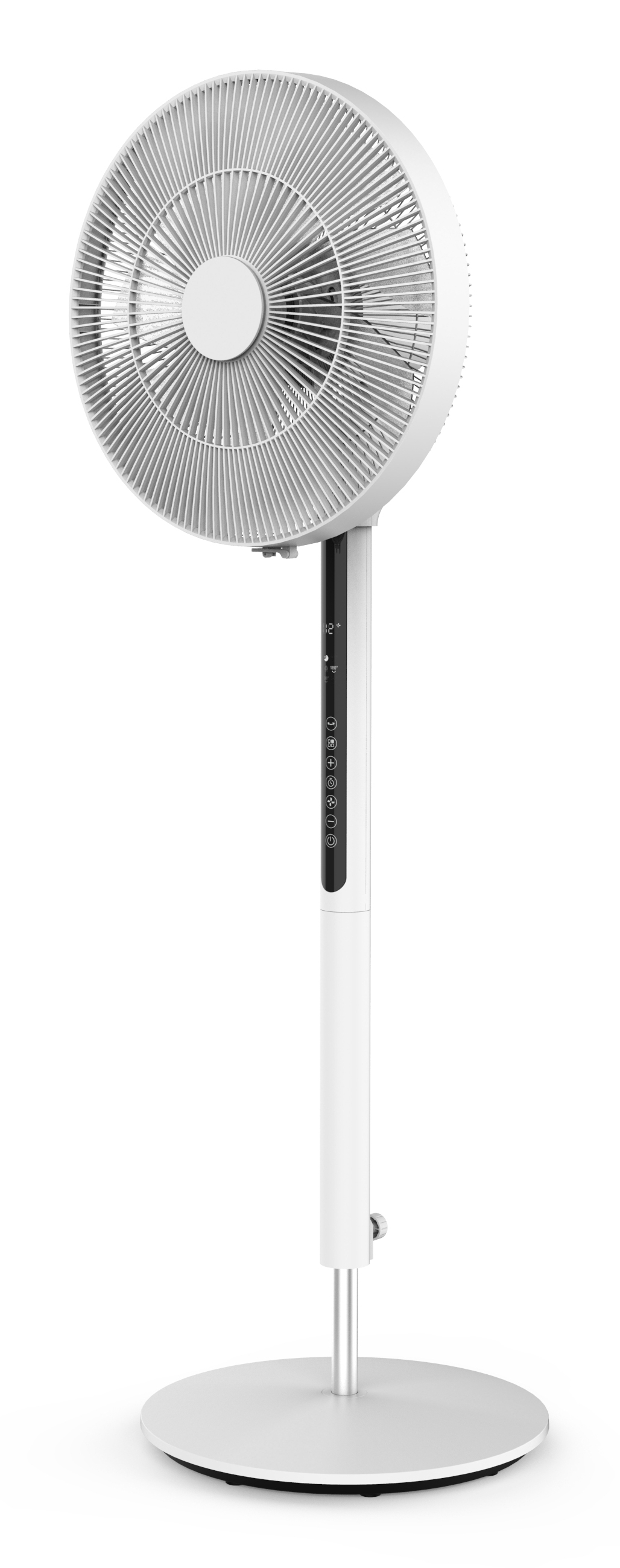 Un ventilatore a colonna bianco con base circolare, palo bianco e testa del ventilatore.