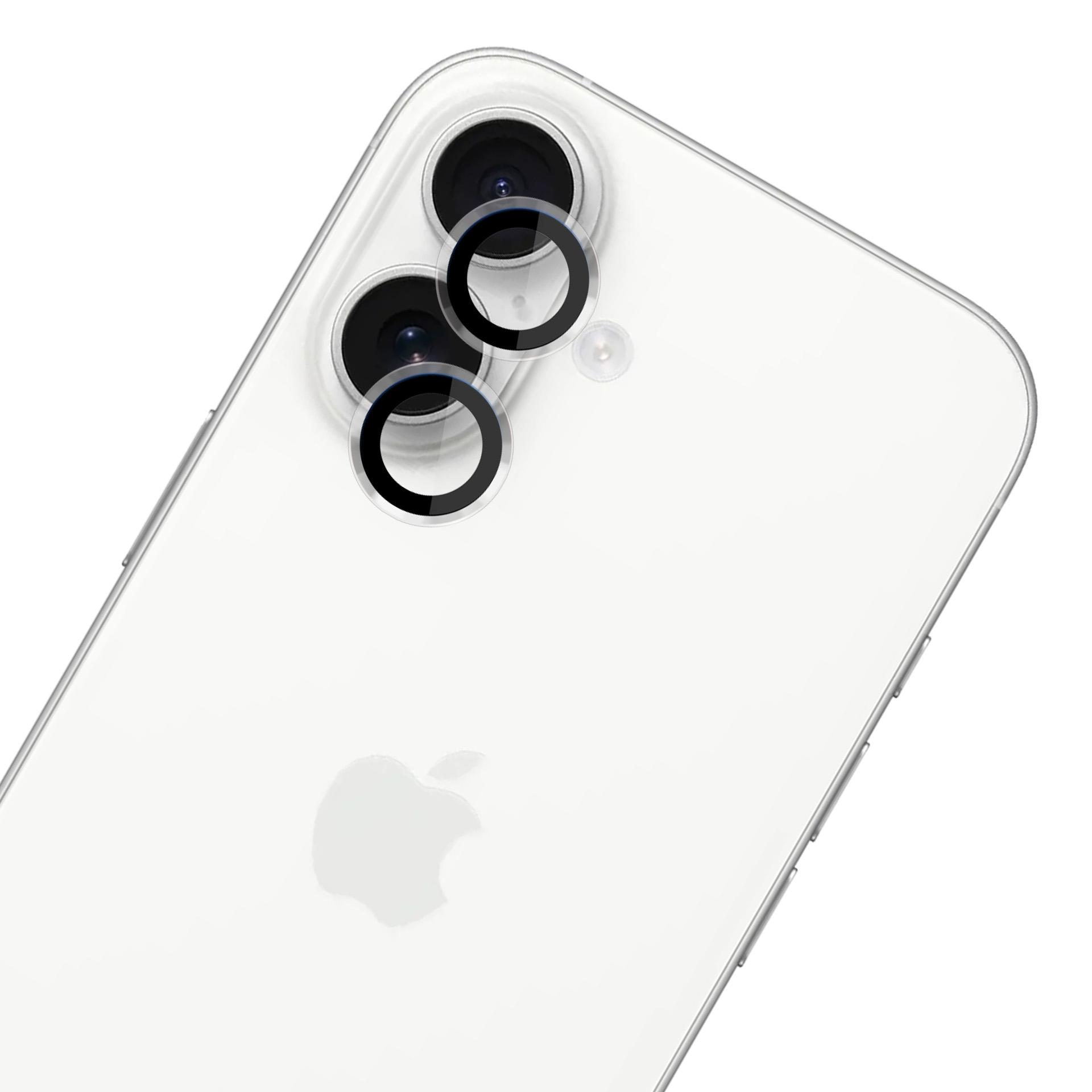 Retro di un telefono bianco con doppia lente e protezioni per lenti applicate.