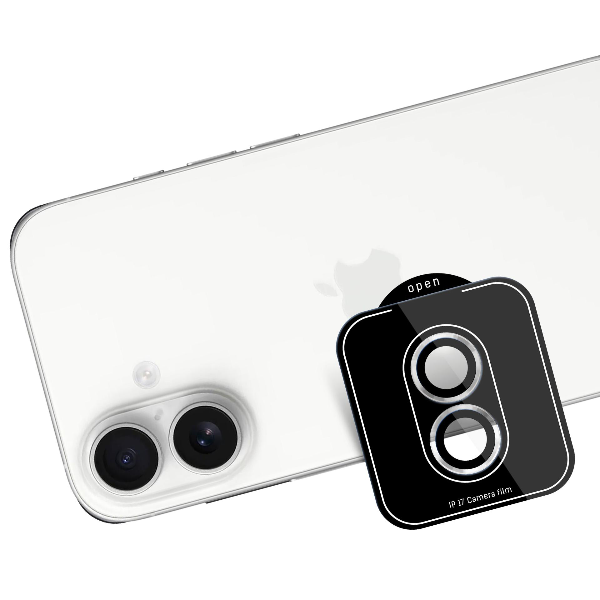 Retro del telefono bianco con doppia fotocamera e protezione per lenti nera parzialmente applicata.