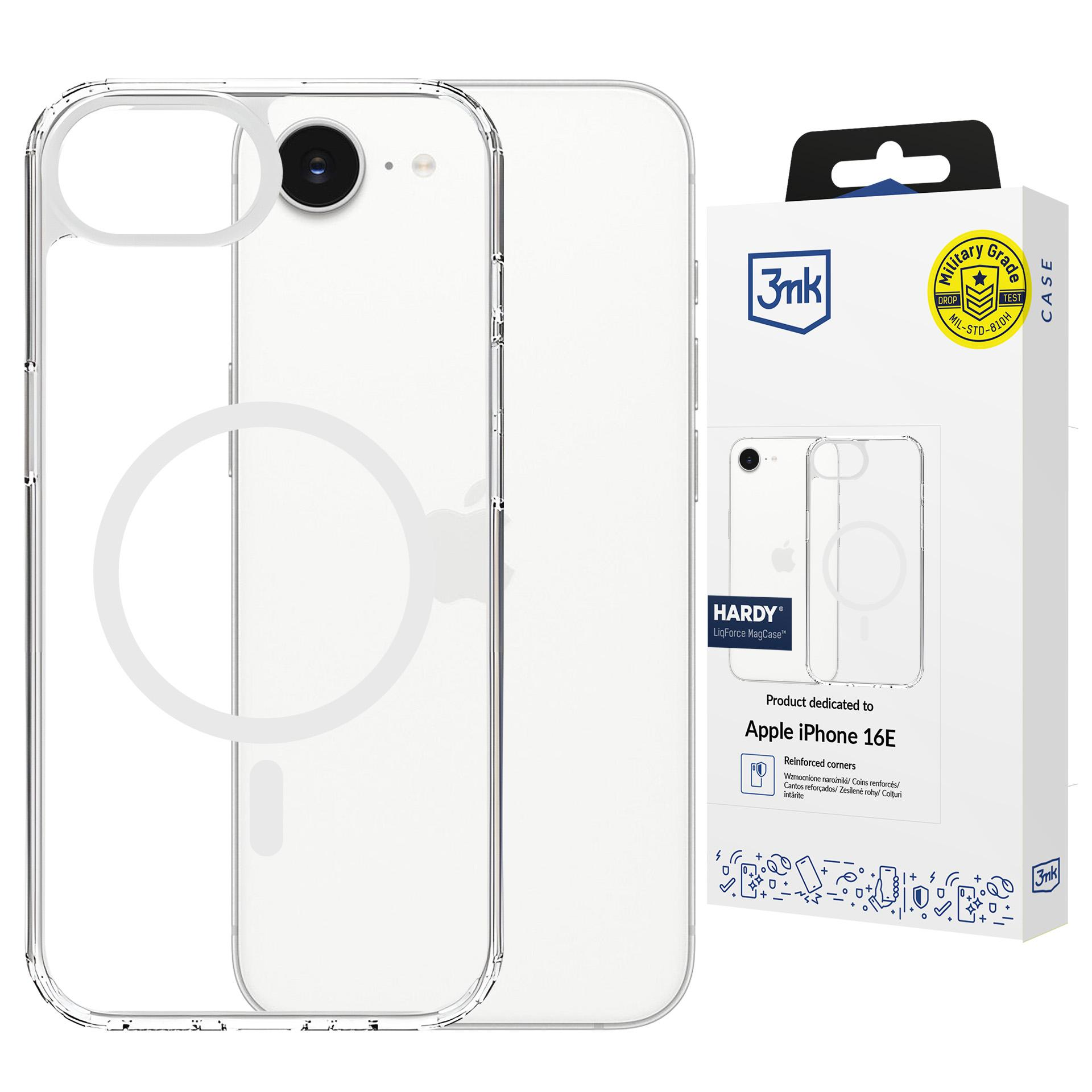 Telefon w przezroczystym etui obok opakowania. Opakowanie jest białe z tekstem i żółtą odznaką. Białe tło.