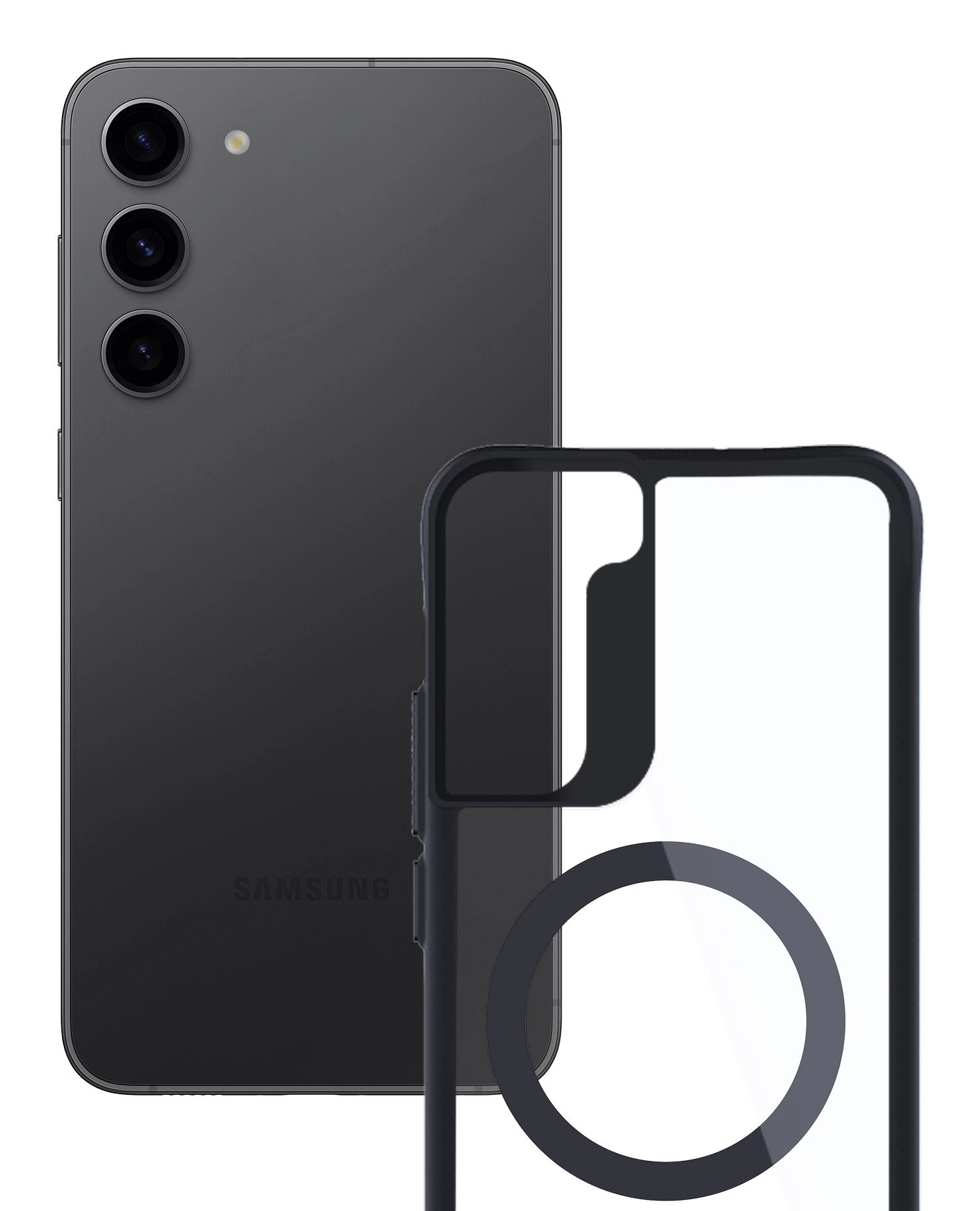 Un telefono nero e una custodia trasparente sono mostrati, la custodia copre parzialmente il telefono.