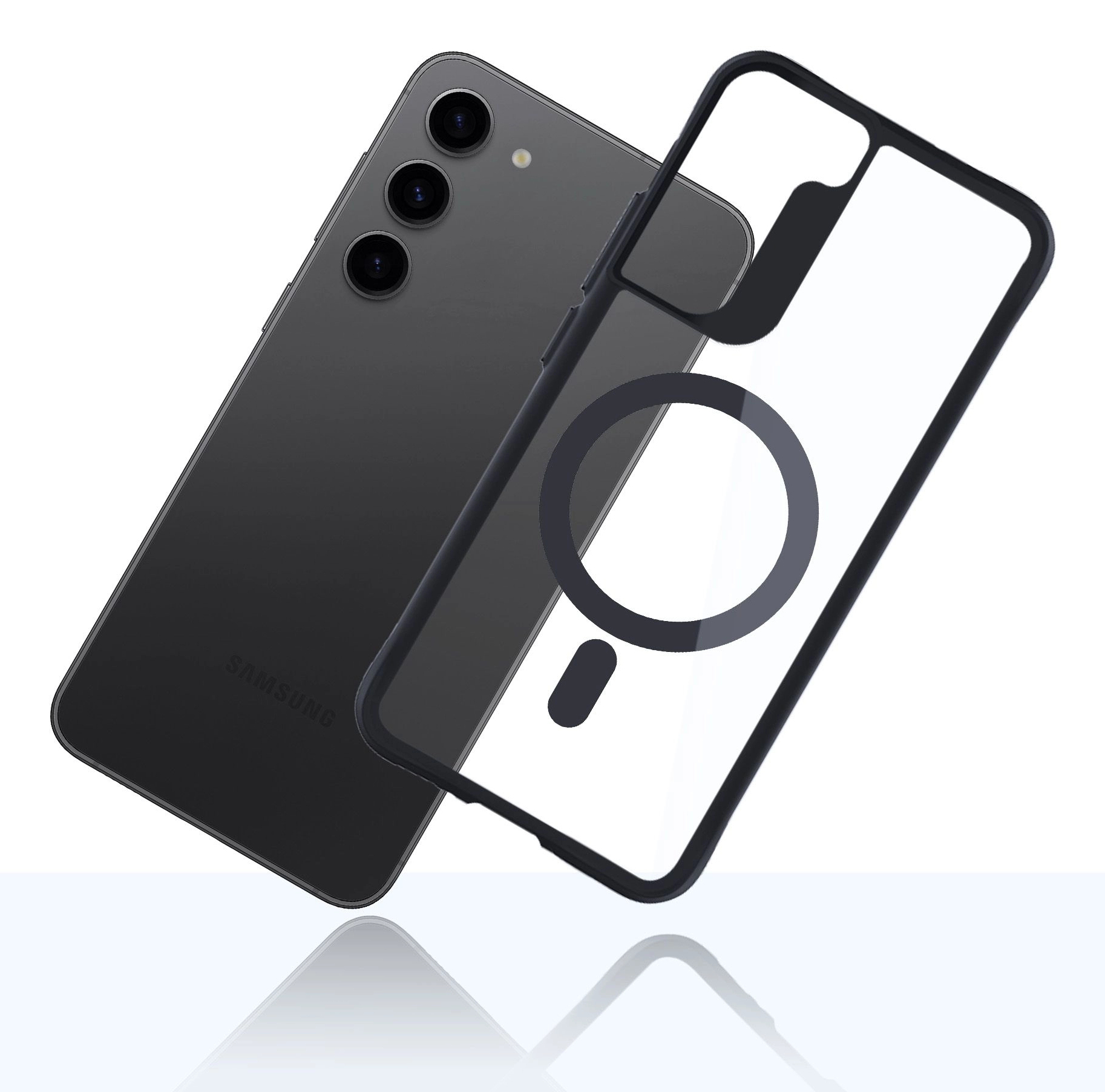 Un telefono nero e una custodia trasparente sono mostrati angolati, con riflessi sotto.