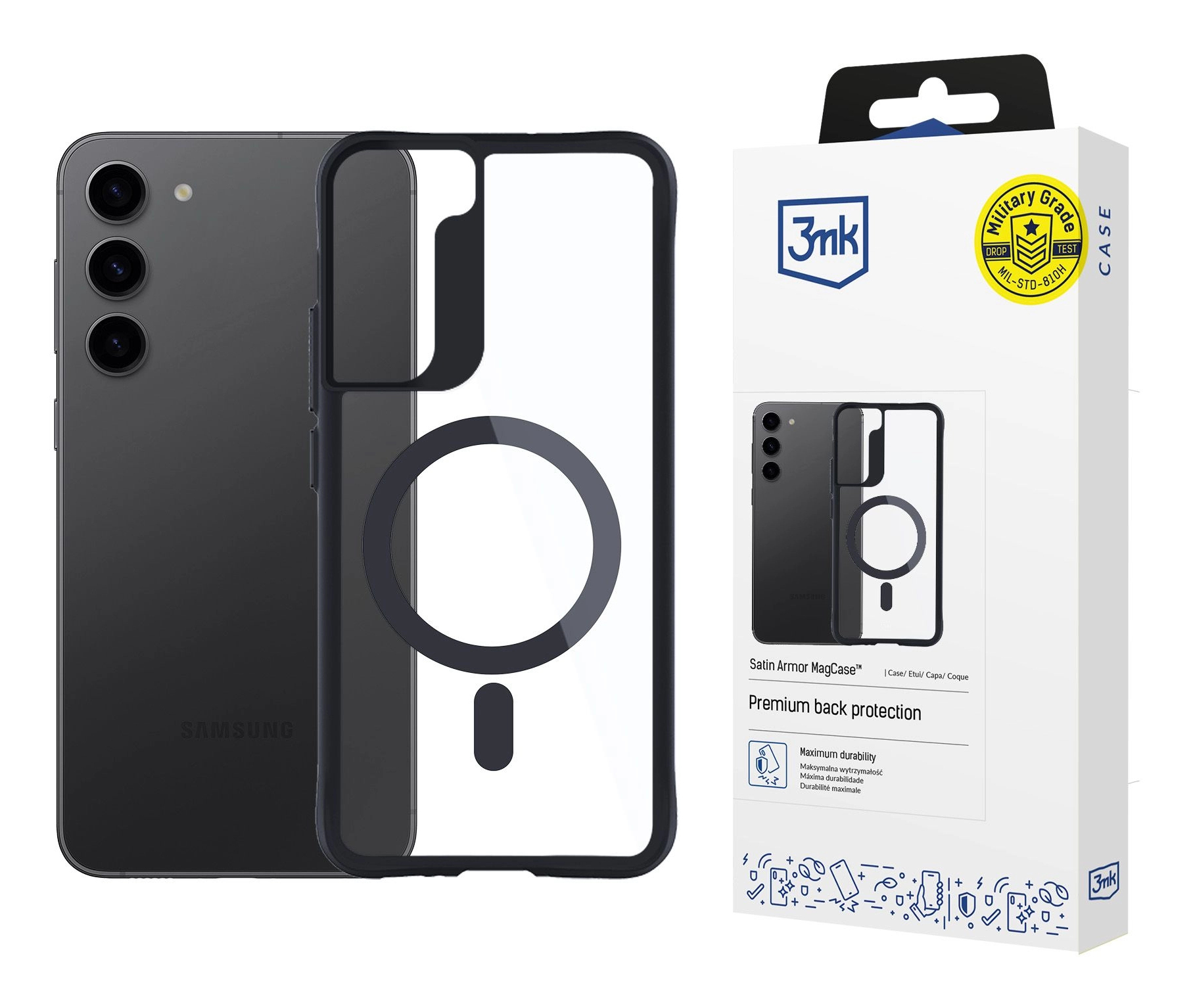 Un telefono nero con una custodia trasparente e una scatola del prodotto con '3mk' e dettagli del prodotto.