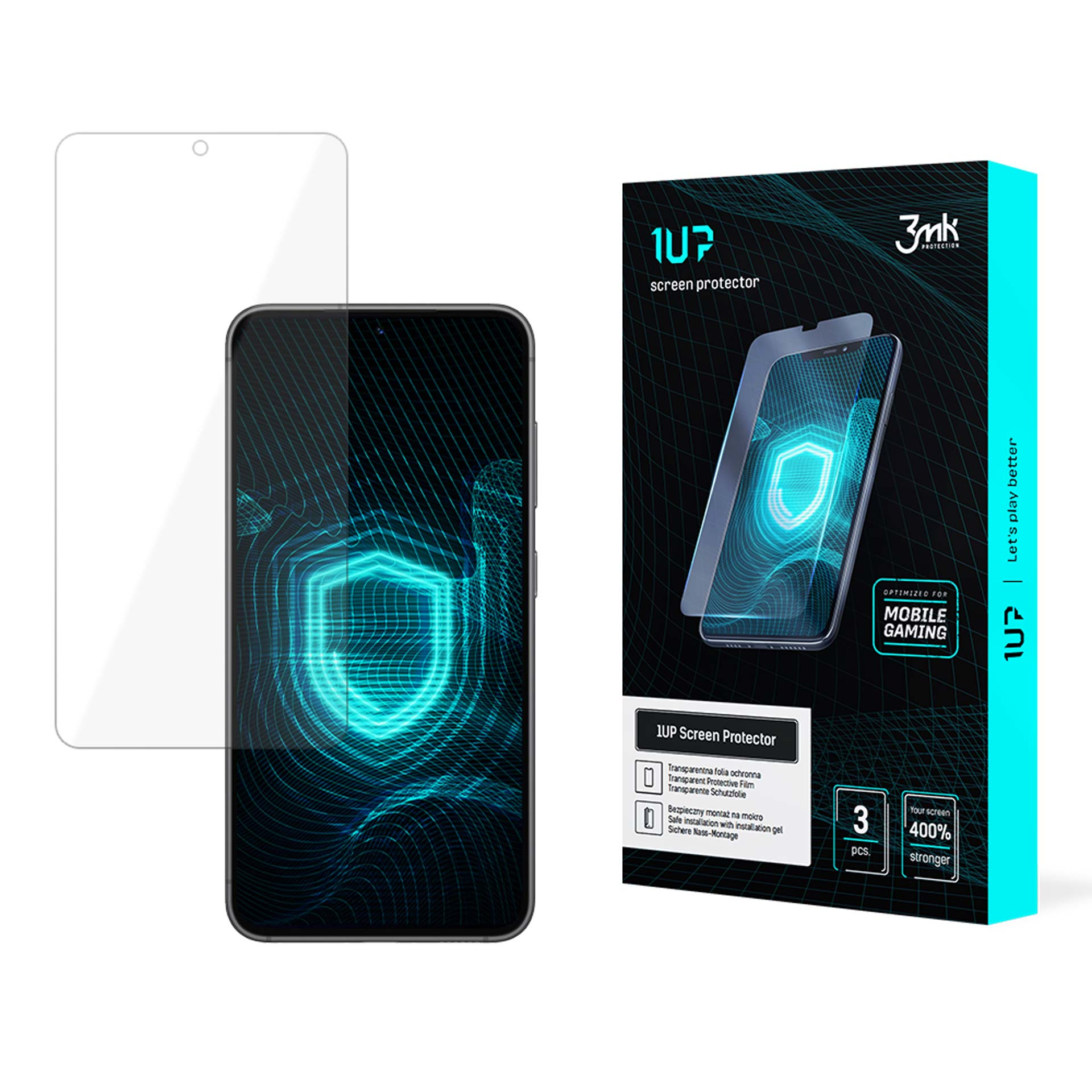 Un telefono con protezione schermo e una scatola del prodotto, mostrando una protezione schermo per giochi mobili.