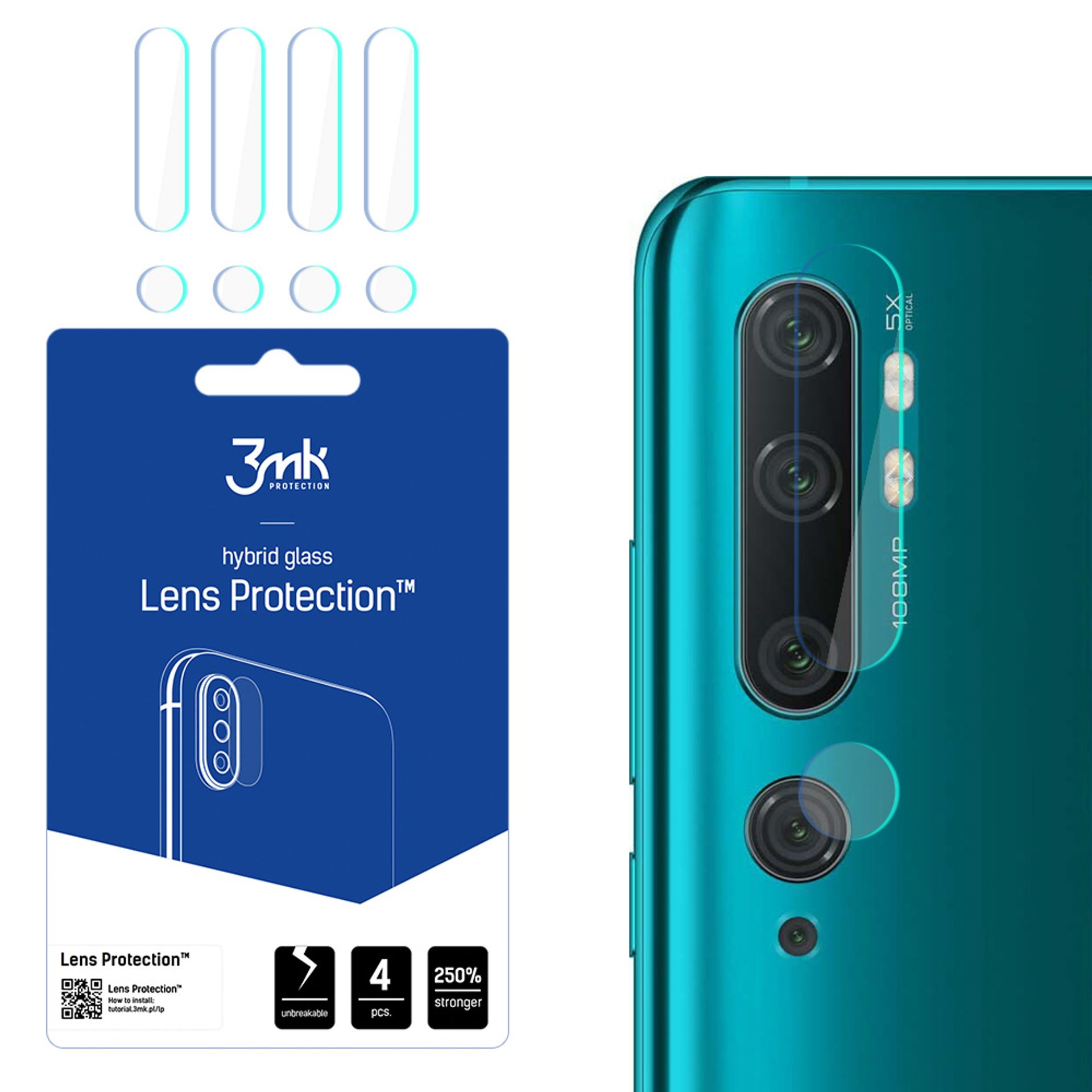 Telefono con confezione di protezione per lenti. Il retro del telefono ha tre fotocamere. La protezione è per le lenti.
