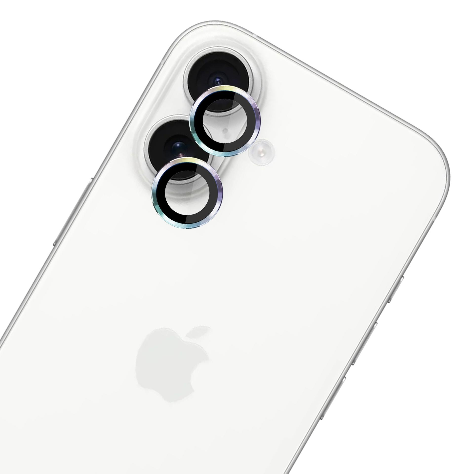 Retro del telefono bianco con due obiettivi della fotocamera e protezioni per lenti. Il logo Apple è visibile.