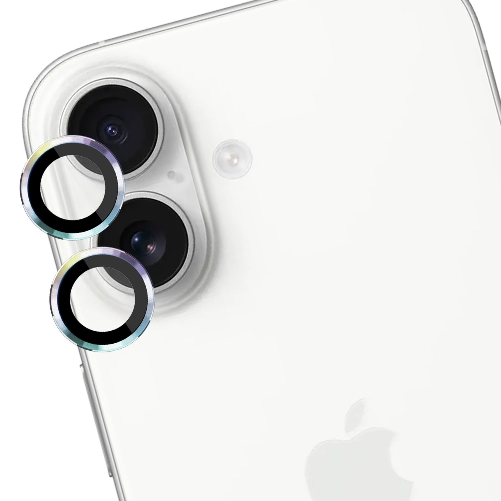 Retro del telefono bianco con due obiettivi della fotocamera e protezioni per lenti. La fotocamera è rivolta verso l'osservatore.