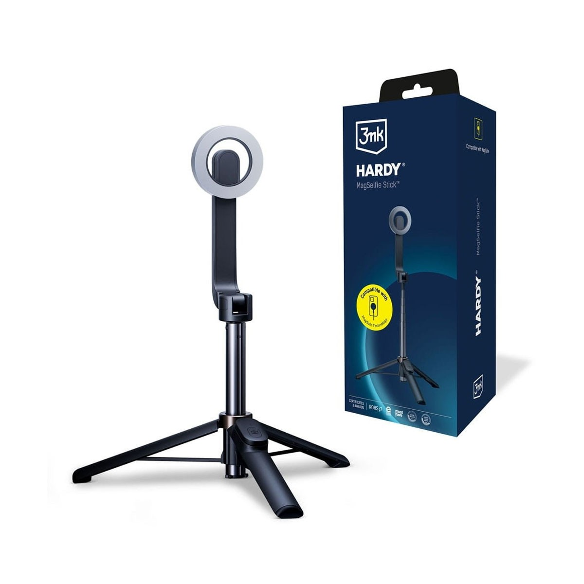 Czarny kij do selfie i statyw z lampą pierścieniową. Pudełko jest w tle. Produkt to Hardy.