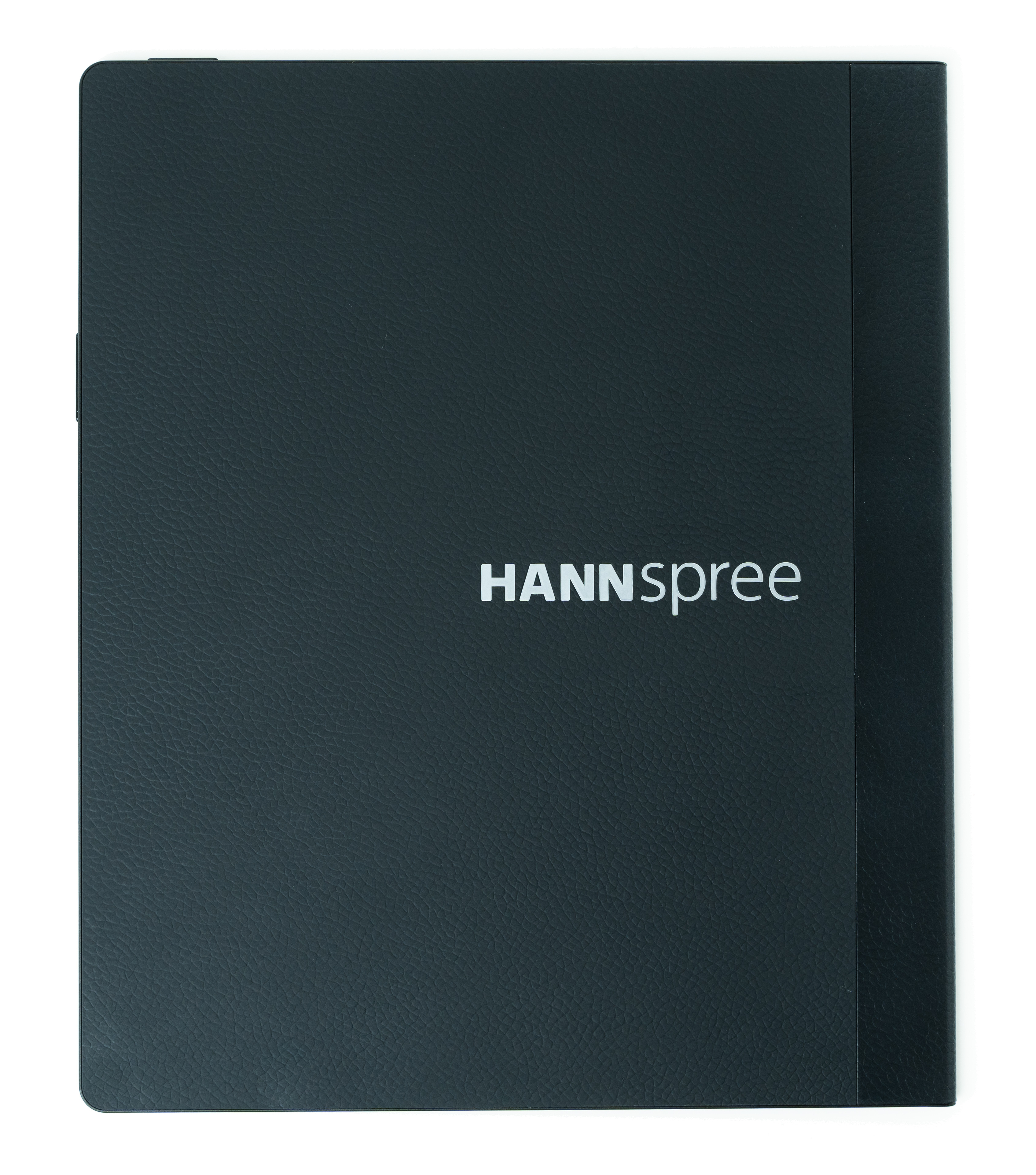 Una cover nera per tablet con la scritta 'HANNSspree' in bianco. La cover ha un aspetto scuro e strutturato.
