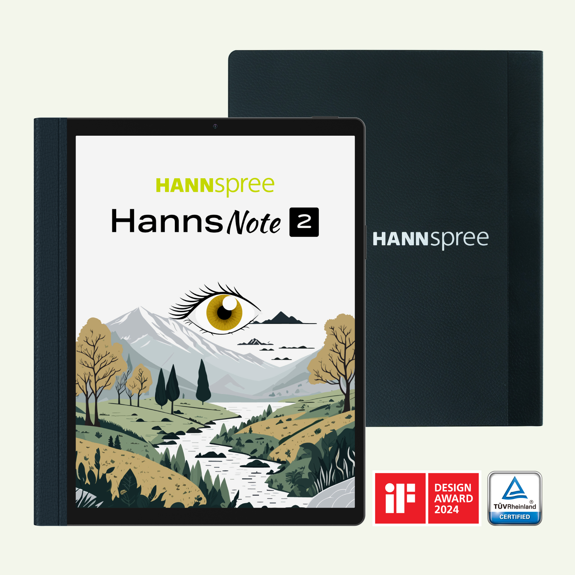 Un tablet con una scena di montagna, una cover per tablet e 'HannsNote 2' sullo schermo, con certificazioni.