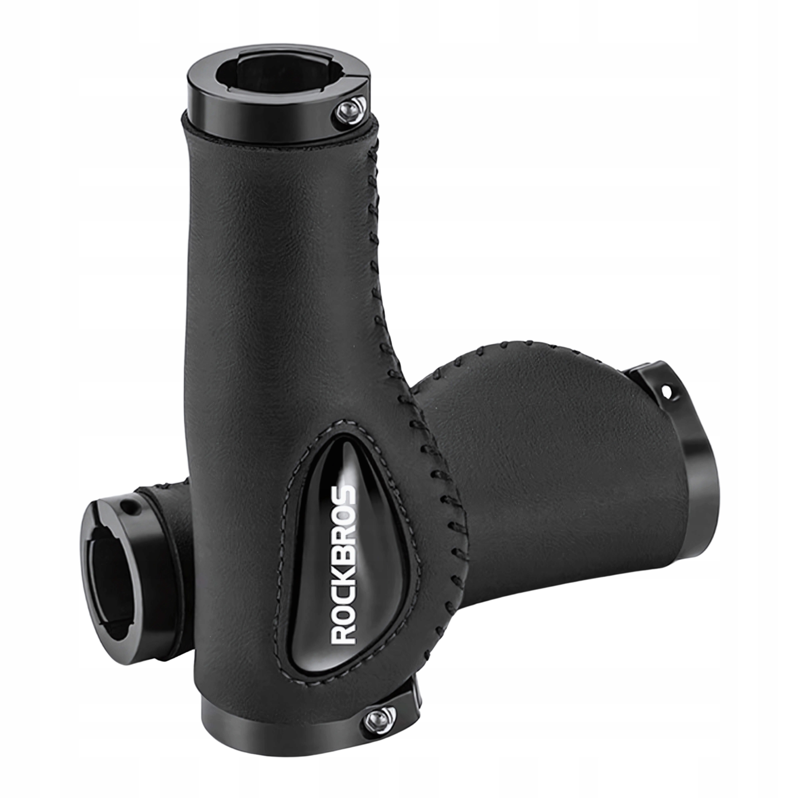 Czarne chwyty rowerowe z logo Rockbros, zaprojektowane do ergonomicznego ułożenia dłoni.