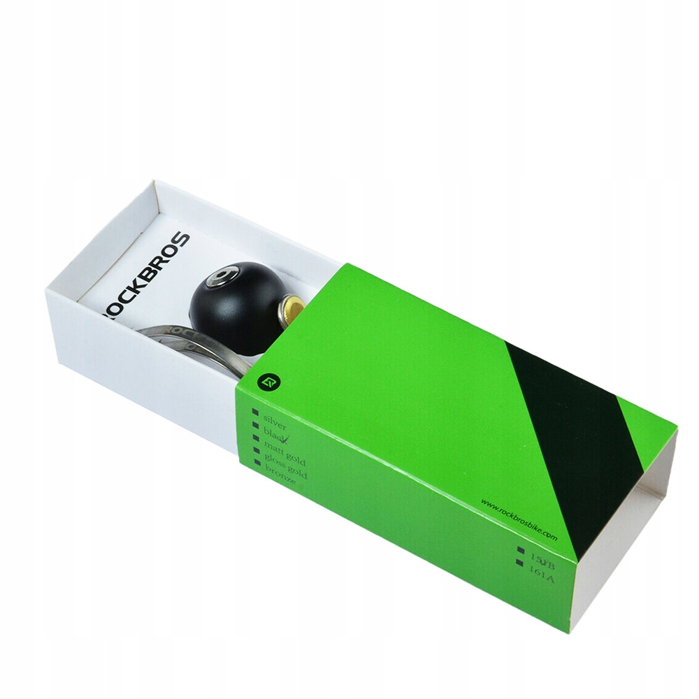 Pudełko z dzwonkiem rowerowym. Pudełko jest zielono-białe, z logo z boku.