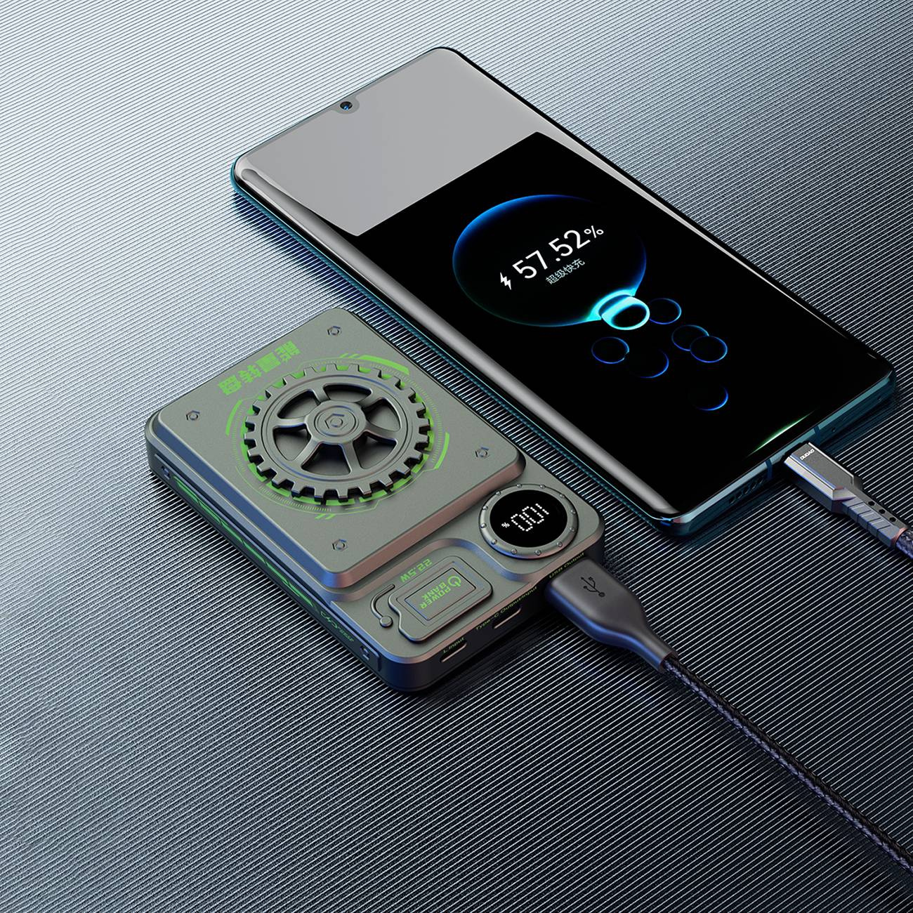 Telefon ładujący się z power banku. Ekran pokazuje postęp ładowania.