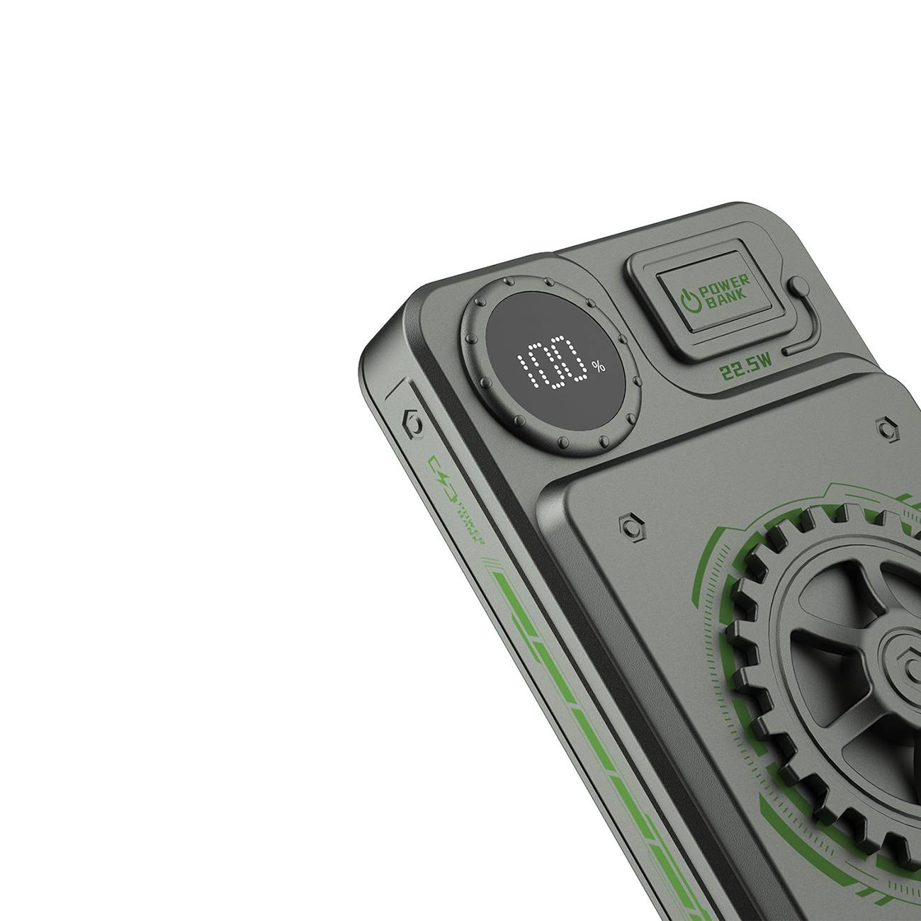 Zbliżenie power banku. Wyświetlacz pokazuje 100%. Zielone akcenty na szarej obudowie.