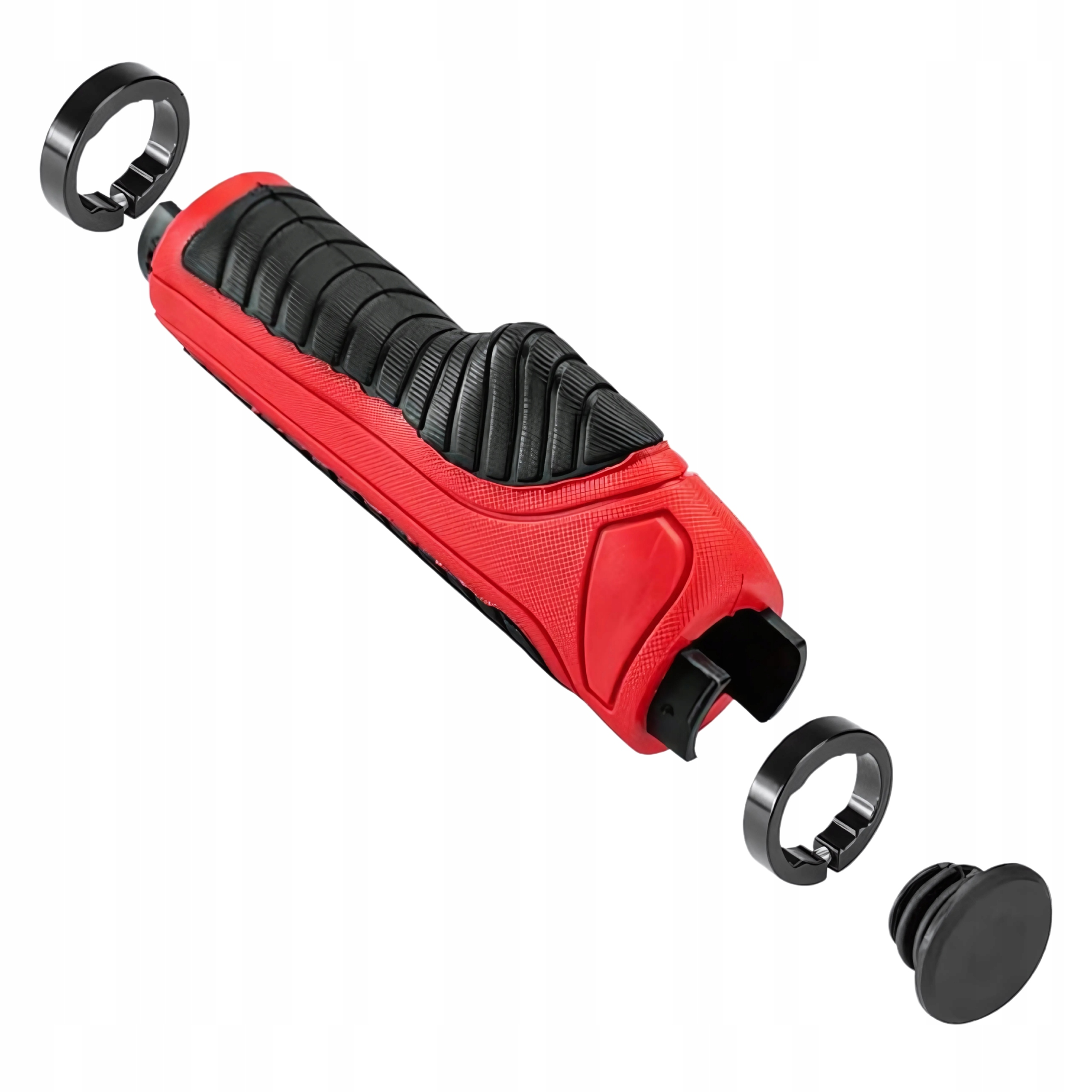 Widok rozłożony czerwono-czarnego uchwytu rowerowego, pokazujący rozdzielone części.