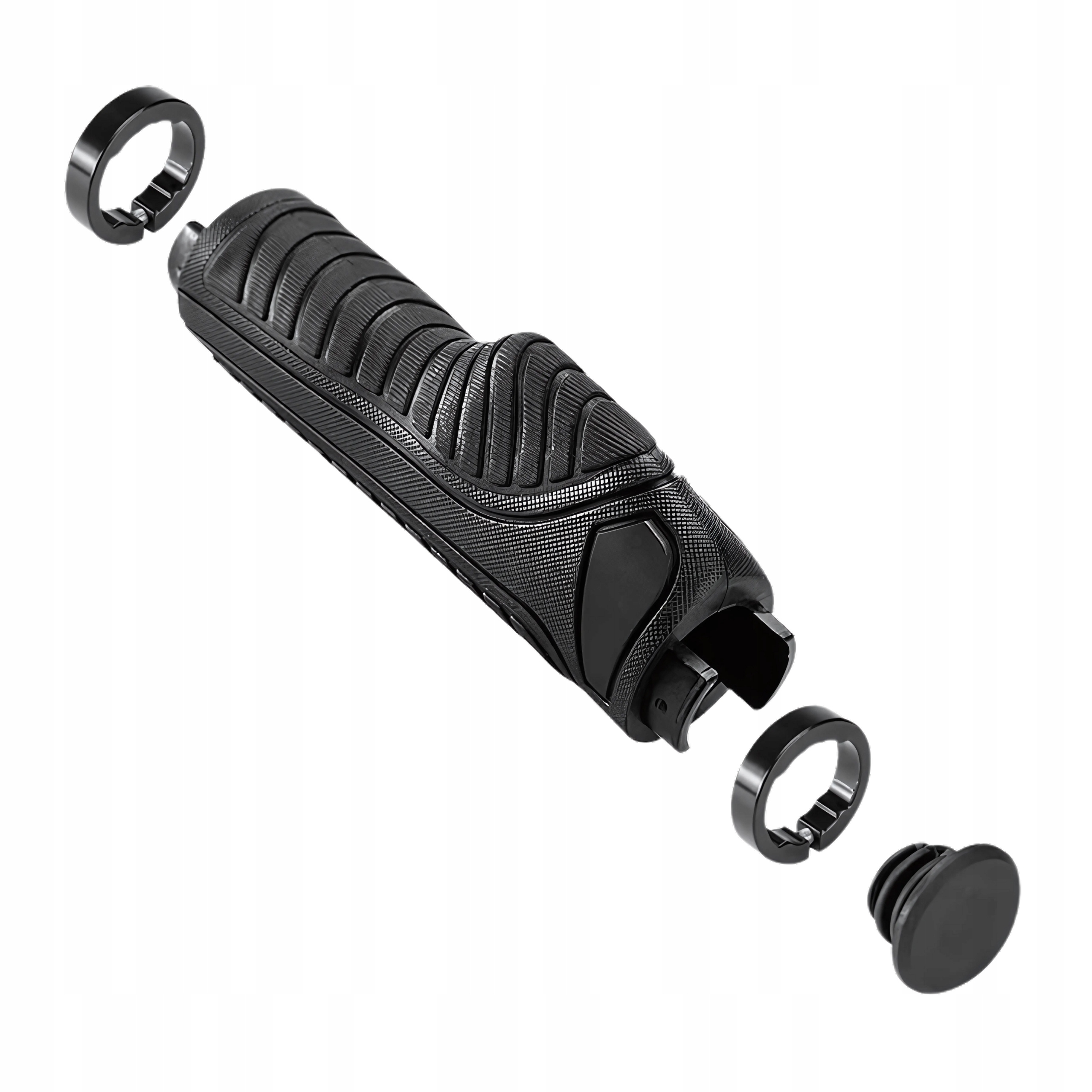 Czarny uchwyt kierownicy roweru z częściami, na białym tle. Zawiera pierścienie i nakrętkę.