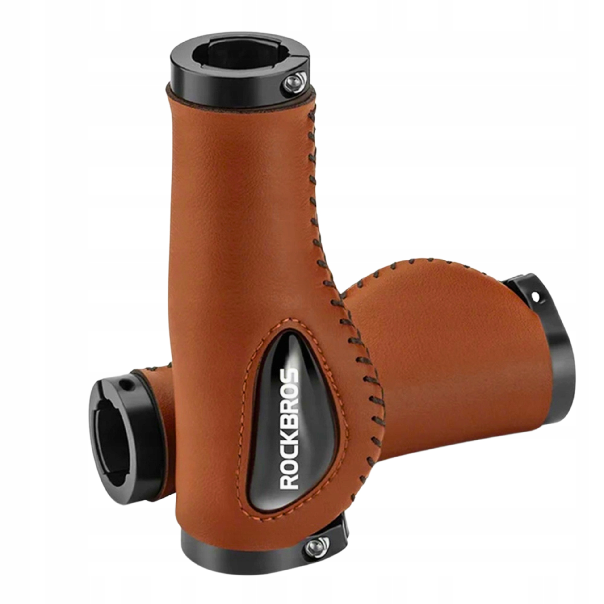 Dwa brązowe uchwyty kierownicy rowerowej Rockbros z czarnymi pierścieniami na białym tle.
