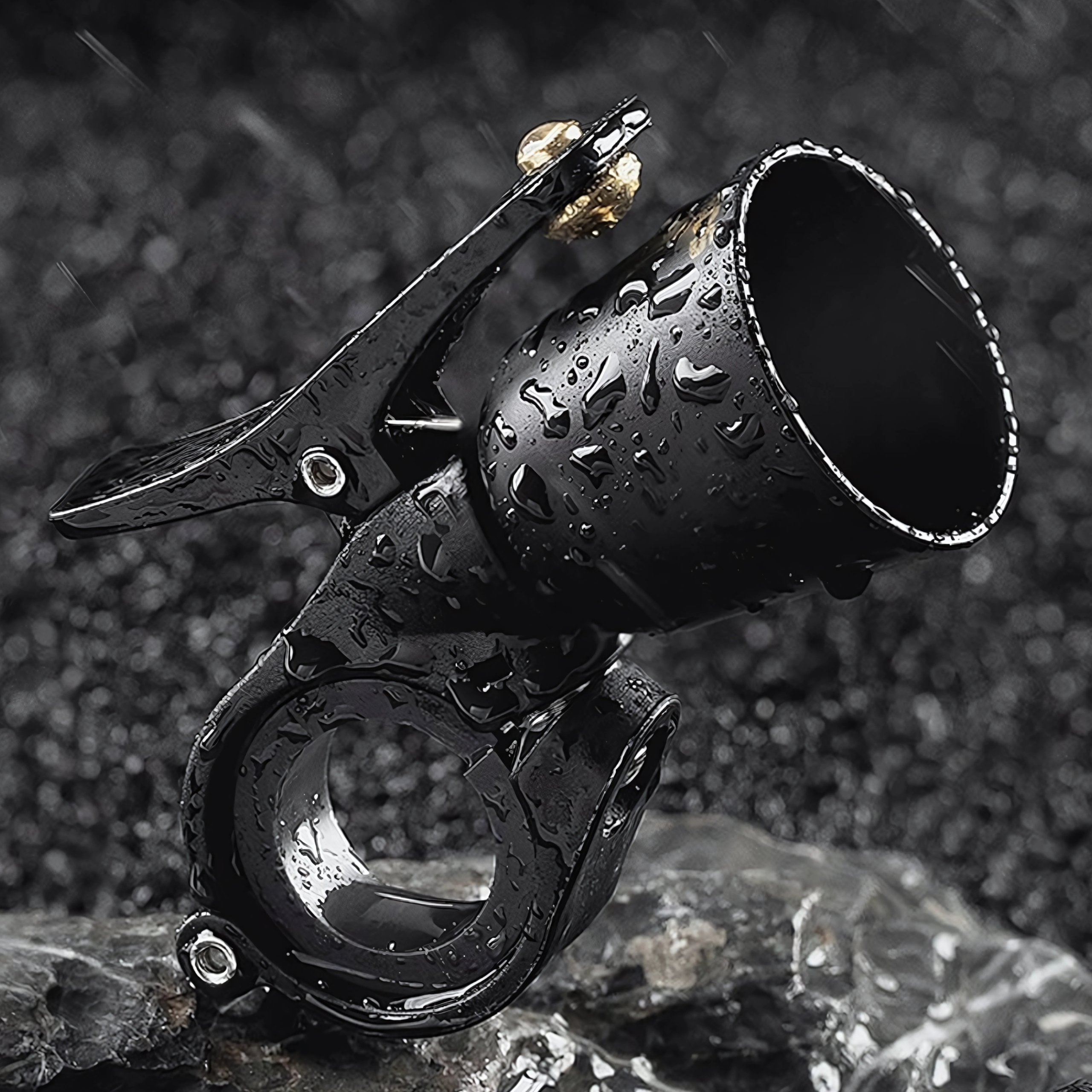 Czarny dzwonek rowerowy z teksturowaną dźwignią na mokrej, ciemnej powierzchni z kroplami wody.