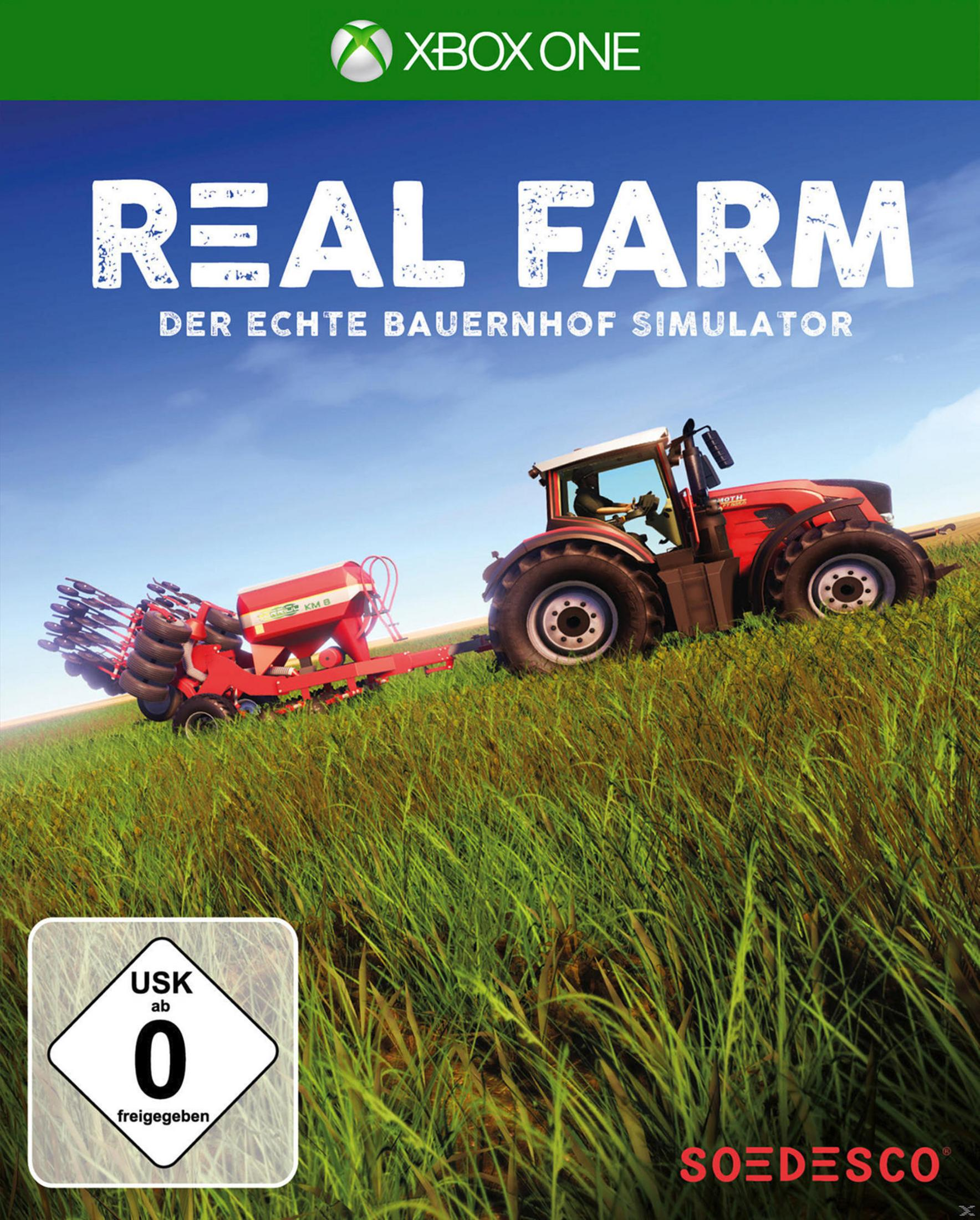 Spielcover: Roter Traktor zieht Sämaschine auf grünem Feld, blauer Himmel. Titel: REAL FARM.