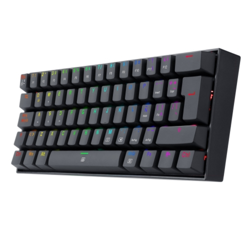 Teclado negro, vista en ángulo, con teclas coloridas. Las teclas están iluminadas con múltiples colores.