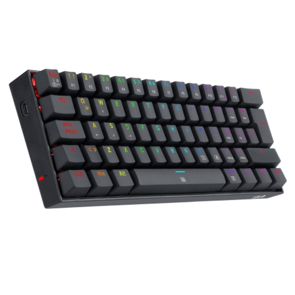 Teclado negro vista en ángulo, con teclas coloridas. Las teclas están iluminadas con múltiples colores.