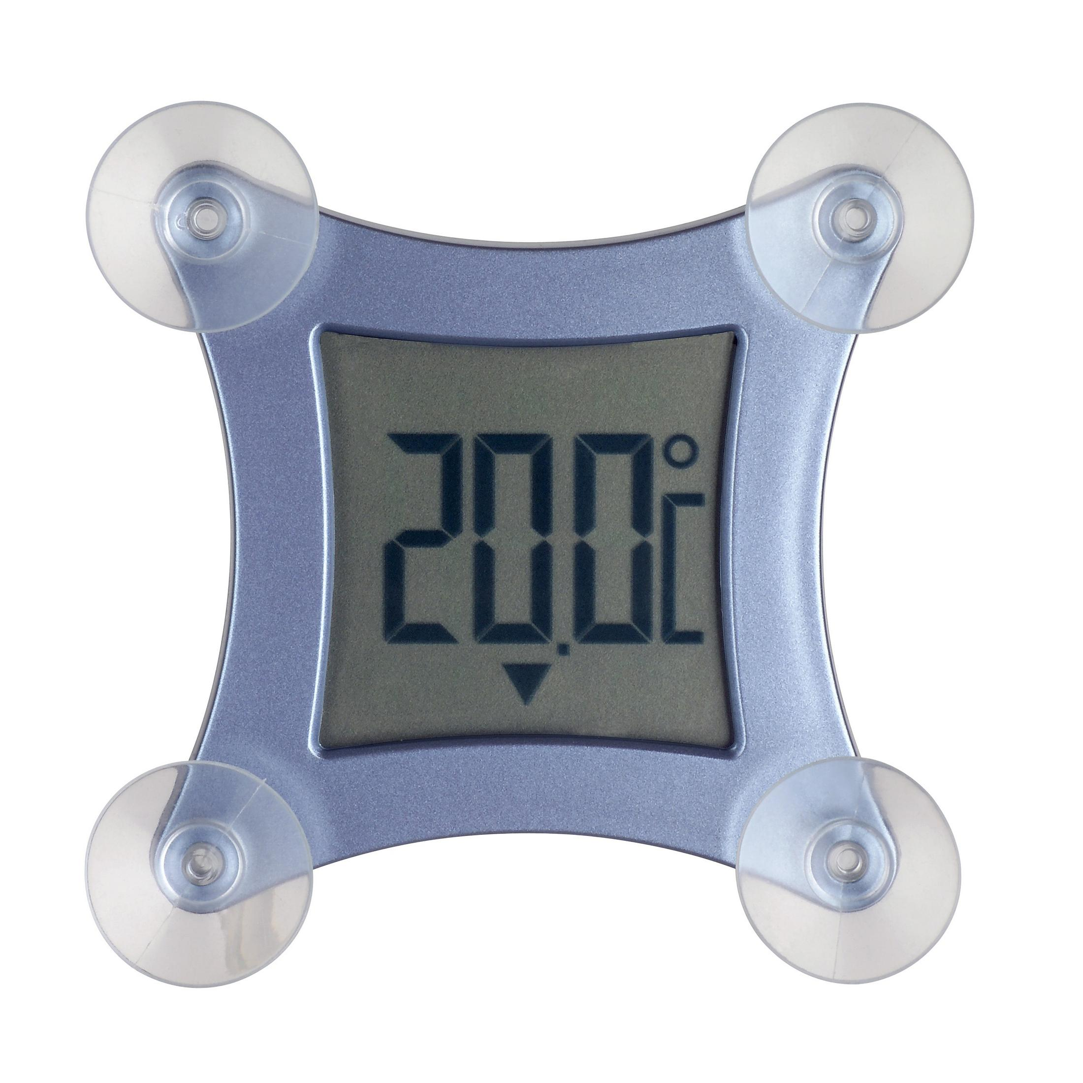 Quadratisches digitales Thermometer mit Saugnäpfen, zeigt die Temperatur 20,0°C an.