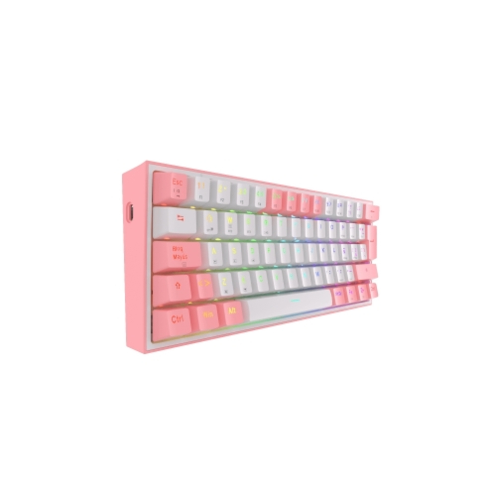 Teclado rosa y blanco, con teclas arcoíris. Está en ángulo, mostrando las teclas y el lateral.