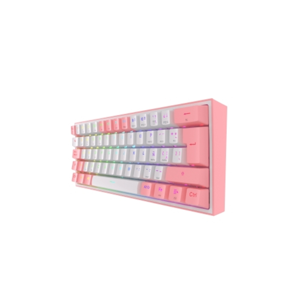 Teclado rosa y blanco con teclas arcoíris. Vista en ángulo muestra teclas y lateral.