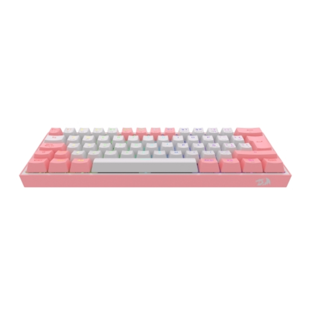 Teclado rosa y blanco con teclas retroiluminadas. La base es rosa. Las teclas son blancas y rosas con retroiluminación RGB.