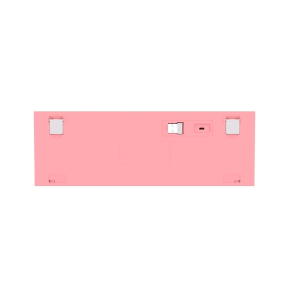 Parte inferior de un teclado rosa. Muestra un puerto USB, un interruptor de encendido y dos patas de goma. El teclado está limpio.