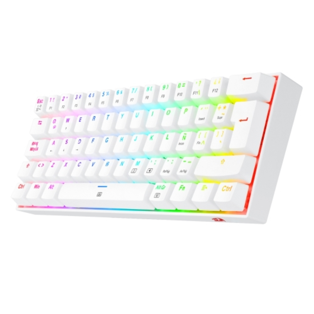 Una tastiera bianca con illuminazione RGB e tasti bianchi. I tasti hanno lettere colorate. La tastiera è angolata per la visualizzazione.