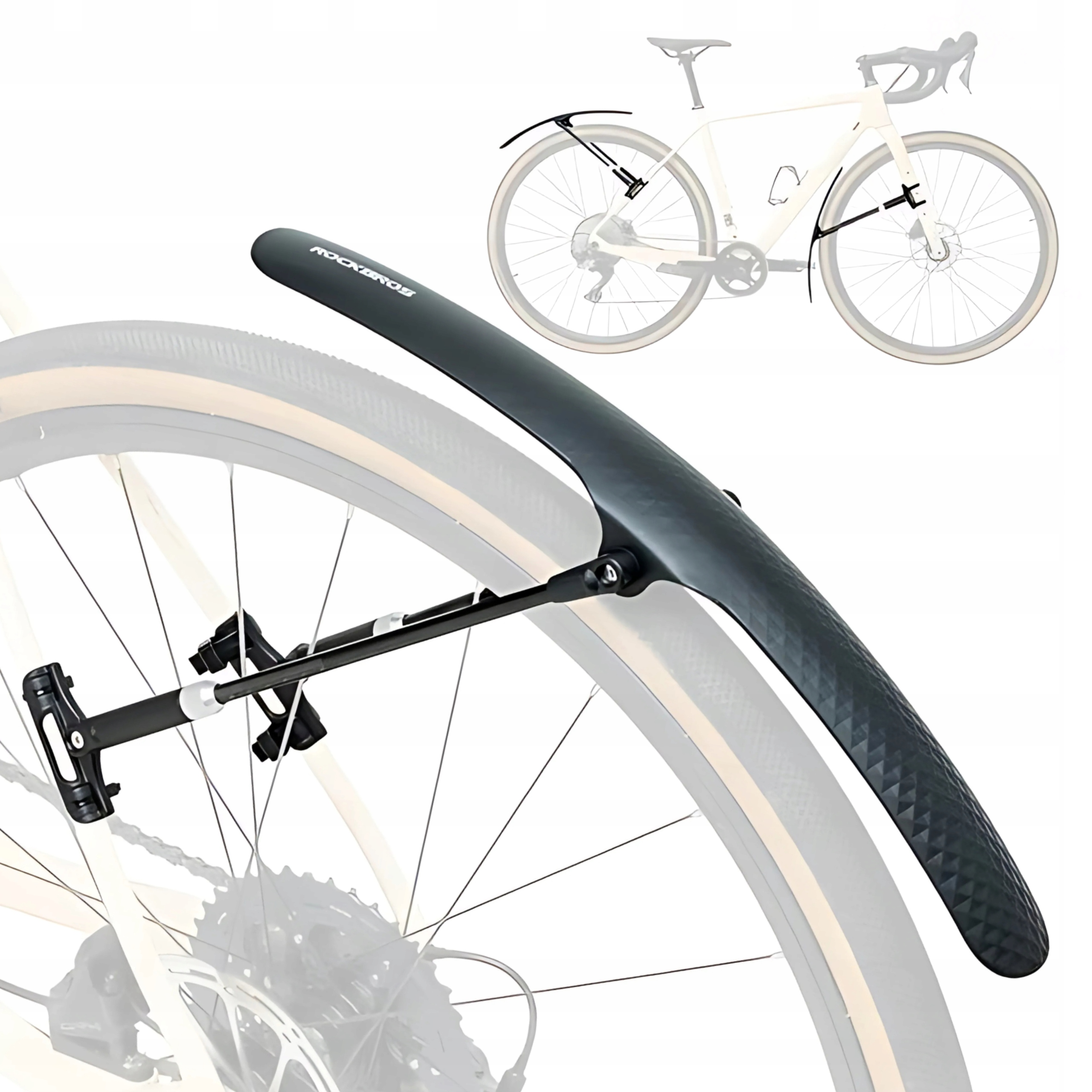 Błotnik rowerowy zamontowany na rowerze. Drugi obraz również pokazuje błotnik na rowerze.