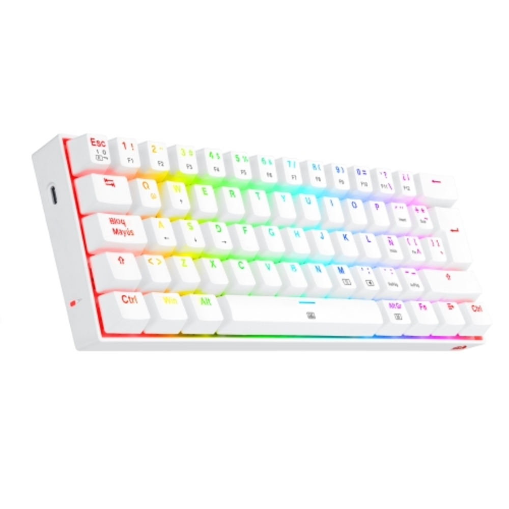 Una tastiera bianca con illuminazione RGB. I tasti sono bianchi con lettere colorate. La tastiera è angolata.