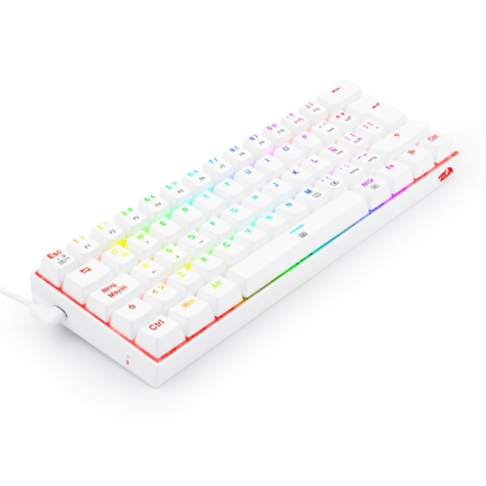 Una tastiera bianca con retroilluminazione RGB. I tasti sono bianchi con lettere colorate. Ha un cavo.