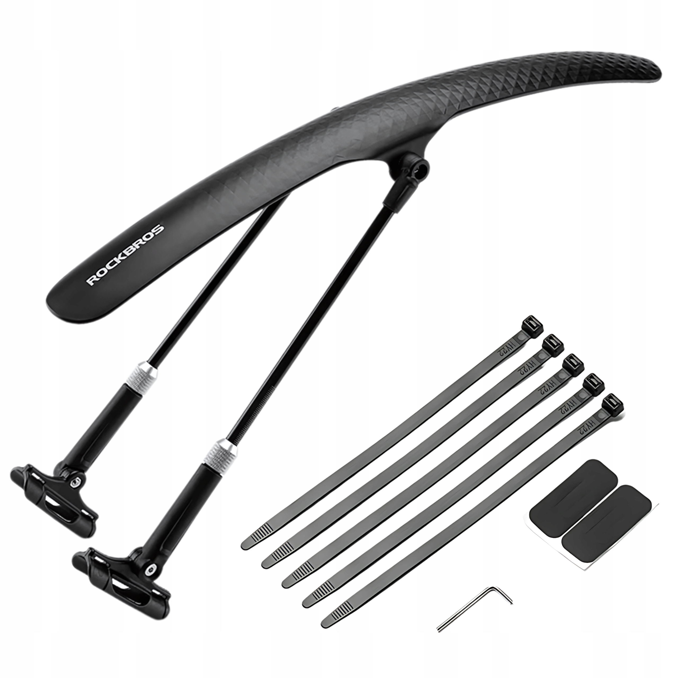 Błotnik rowerowy i akcesoria montażowe. Zestaw opasek zaciskowych, klucz imbusowy i podkładki w zestawie.