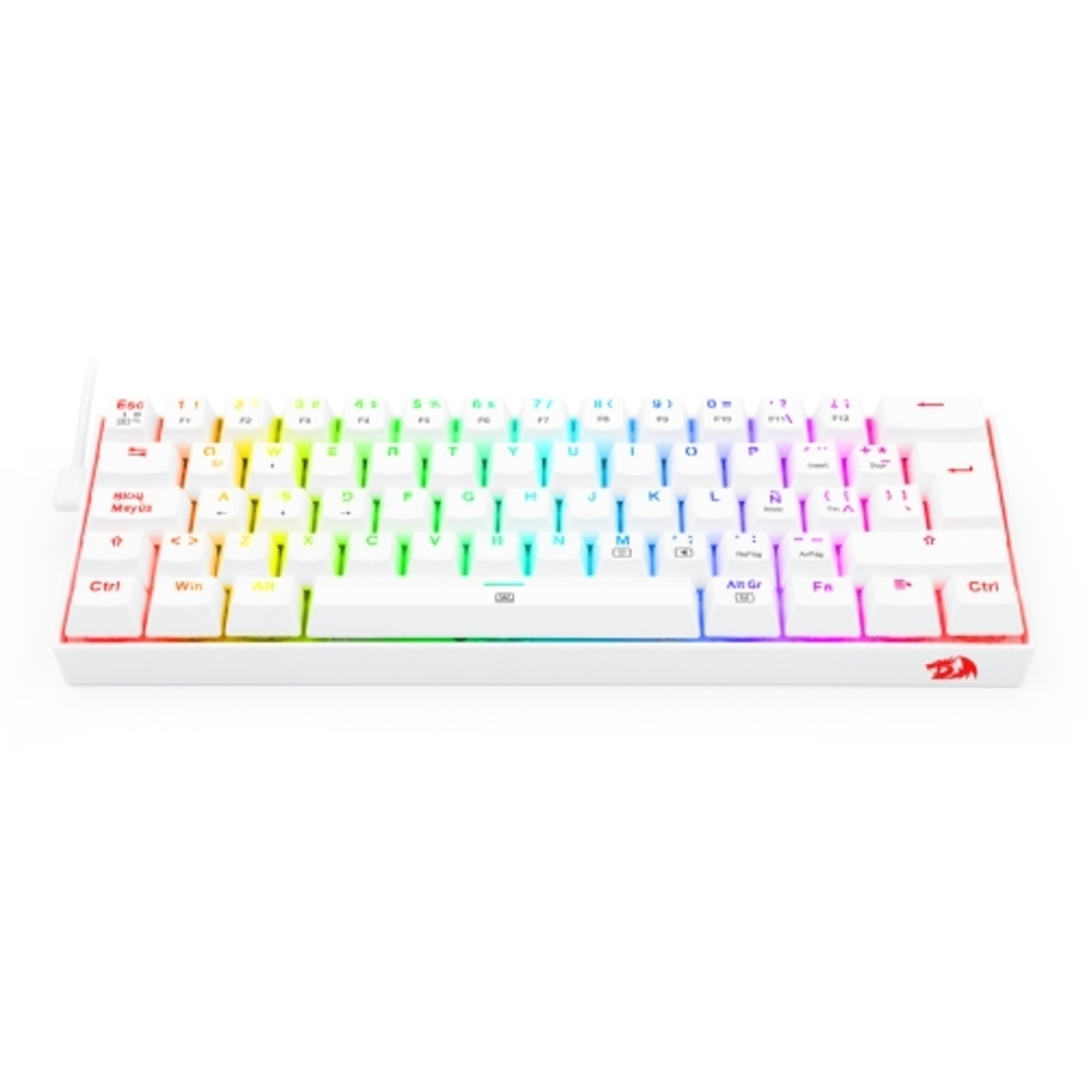 Una tastiera bianca con illuminazione RGB. I tasti sono bianchi con lettere colorate. La base ha un logo.