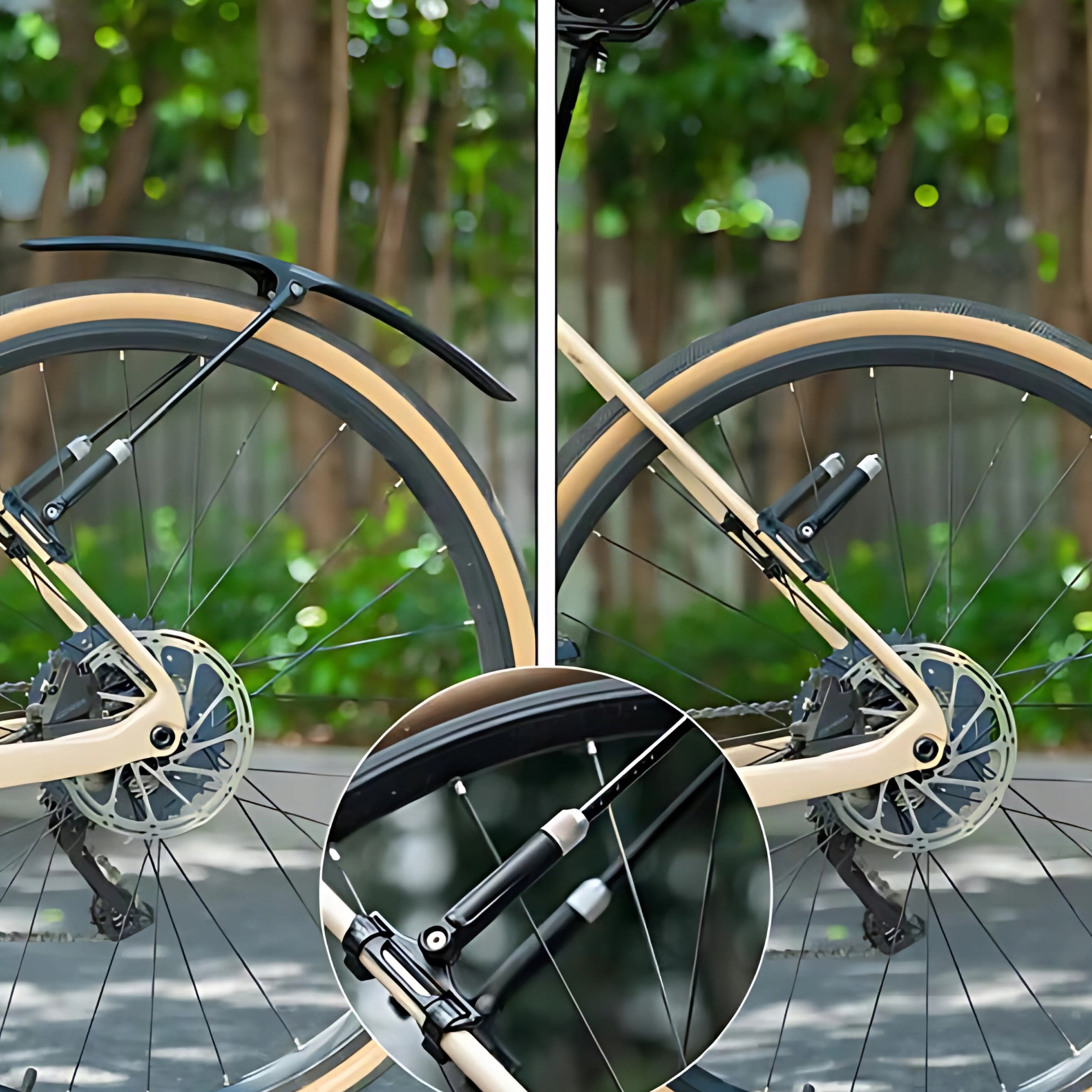 Dwa rowery z zamontowanymi błotnikami. Błotniki są czarne, a opony piaskowe. Tło jest zielone.