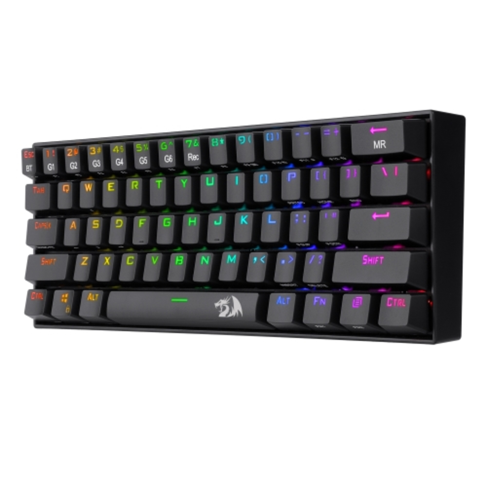 Un teclado negro con teclas coloridas, que muestra un logotipo de Dragón y teclas de función.