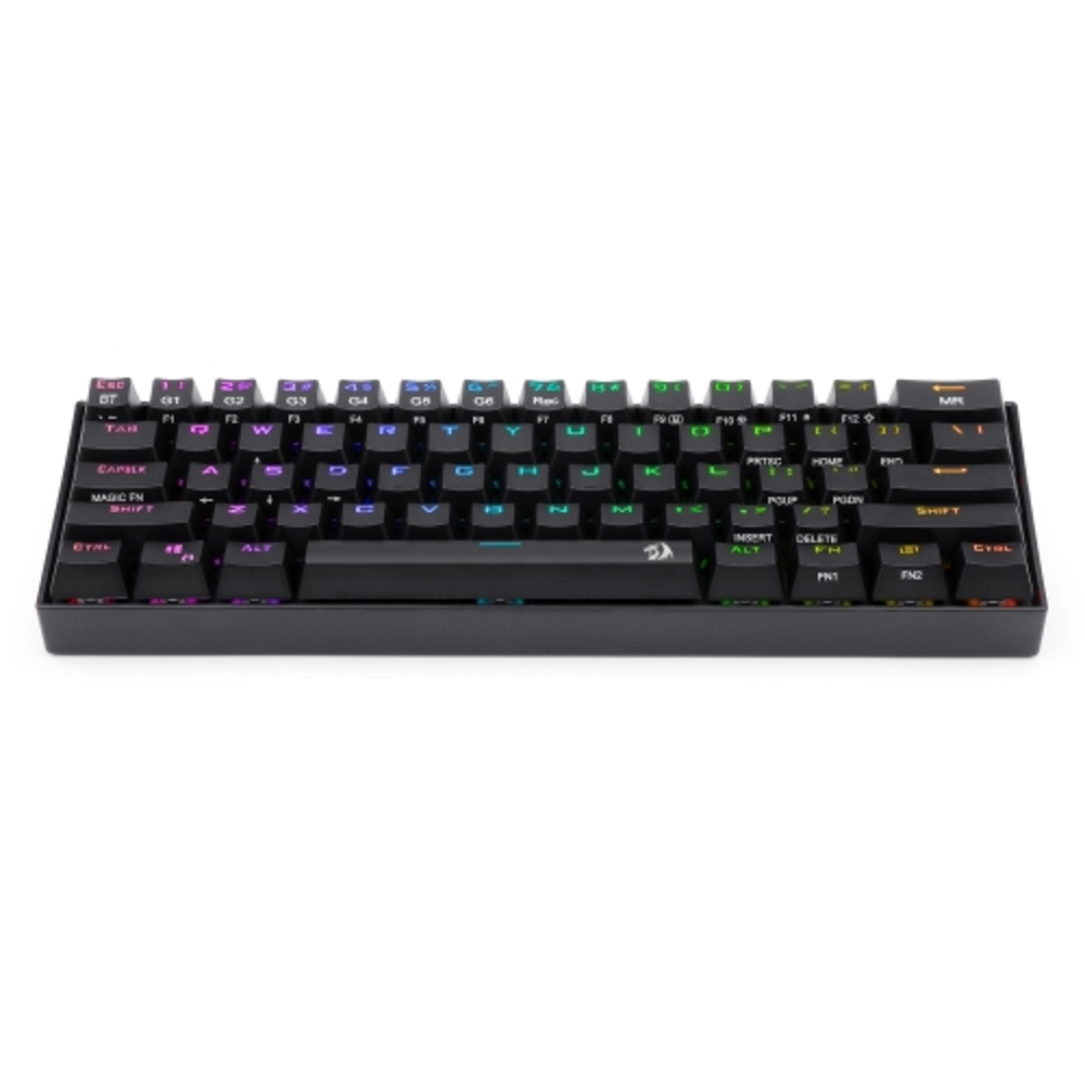 Teclado mecánico negro con teclas retroiluminadas de colores sobre una superficie blanca.