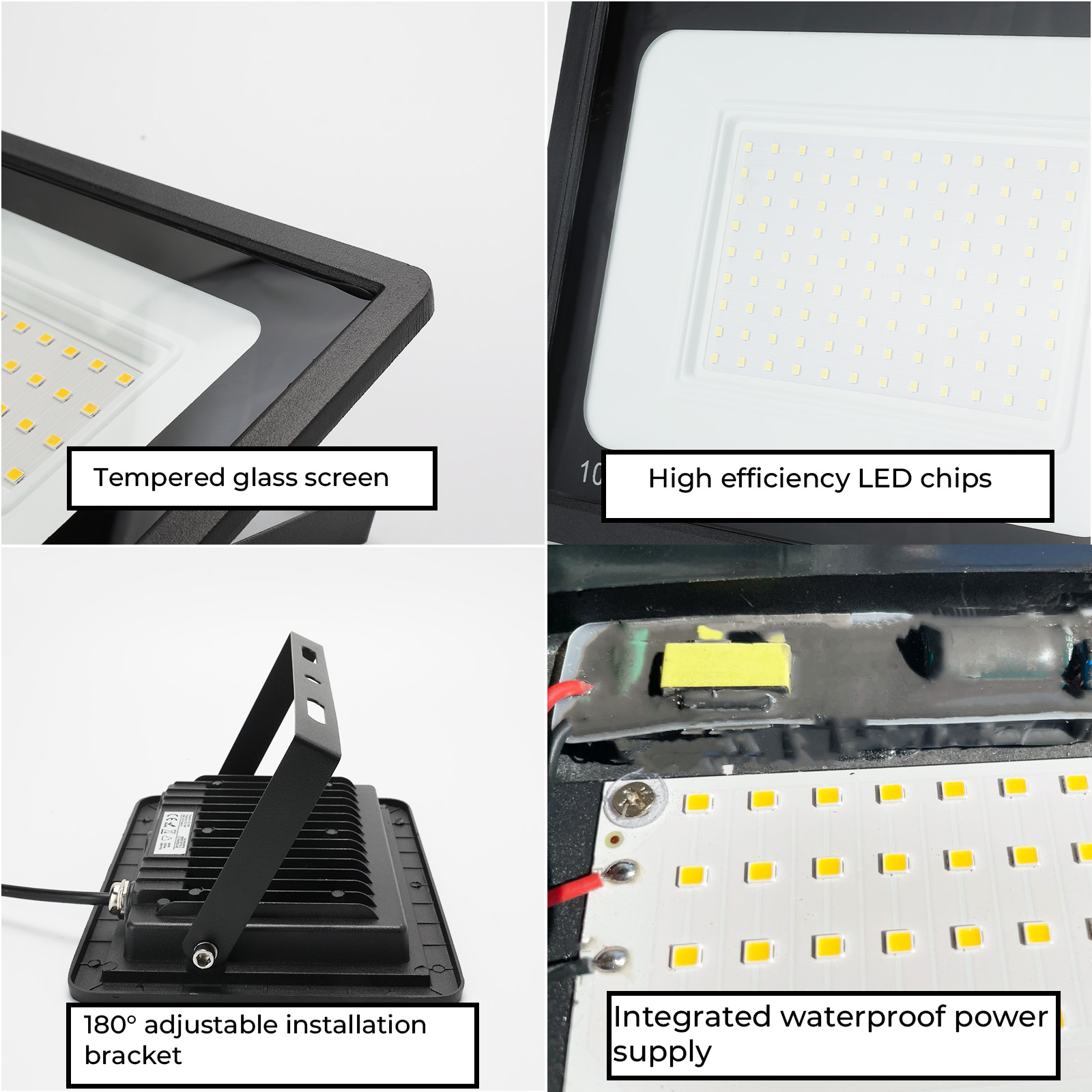 Cuatro imágenes de primer plano de un foco LED, detallando el vidrio, chips, soporte y fuente.