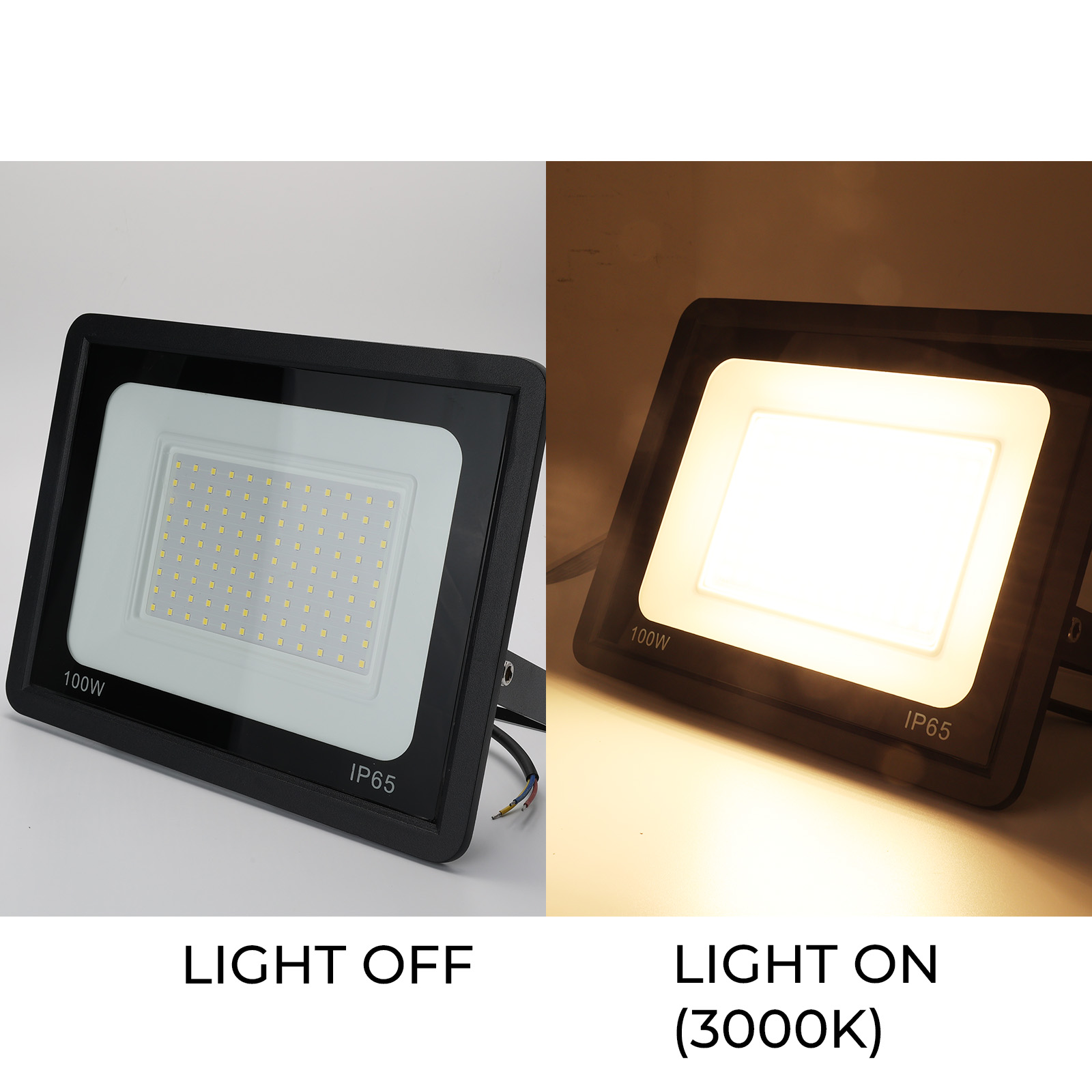 Dos focos negros. Uno apagado, el otro encendido, etiquetados como 'LIGHT OFF' y 'LIGHT ON (3000K)'.