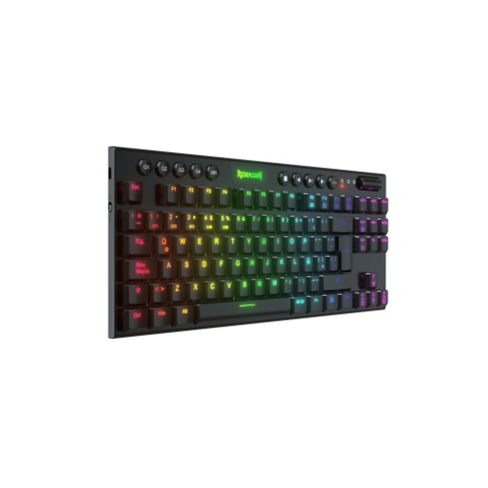 Teclado Redragon negro con teclas arcoíris, vista en ángulo. Las teclas están iluminadas en colores.