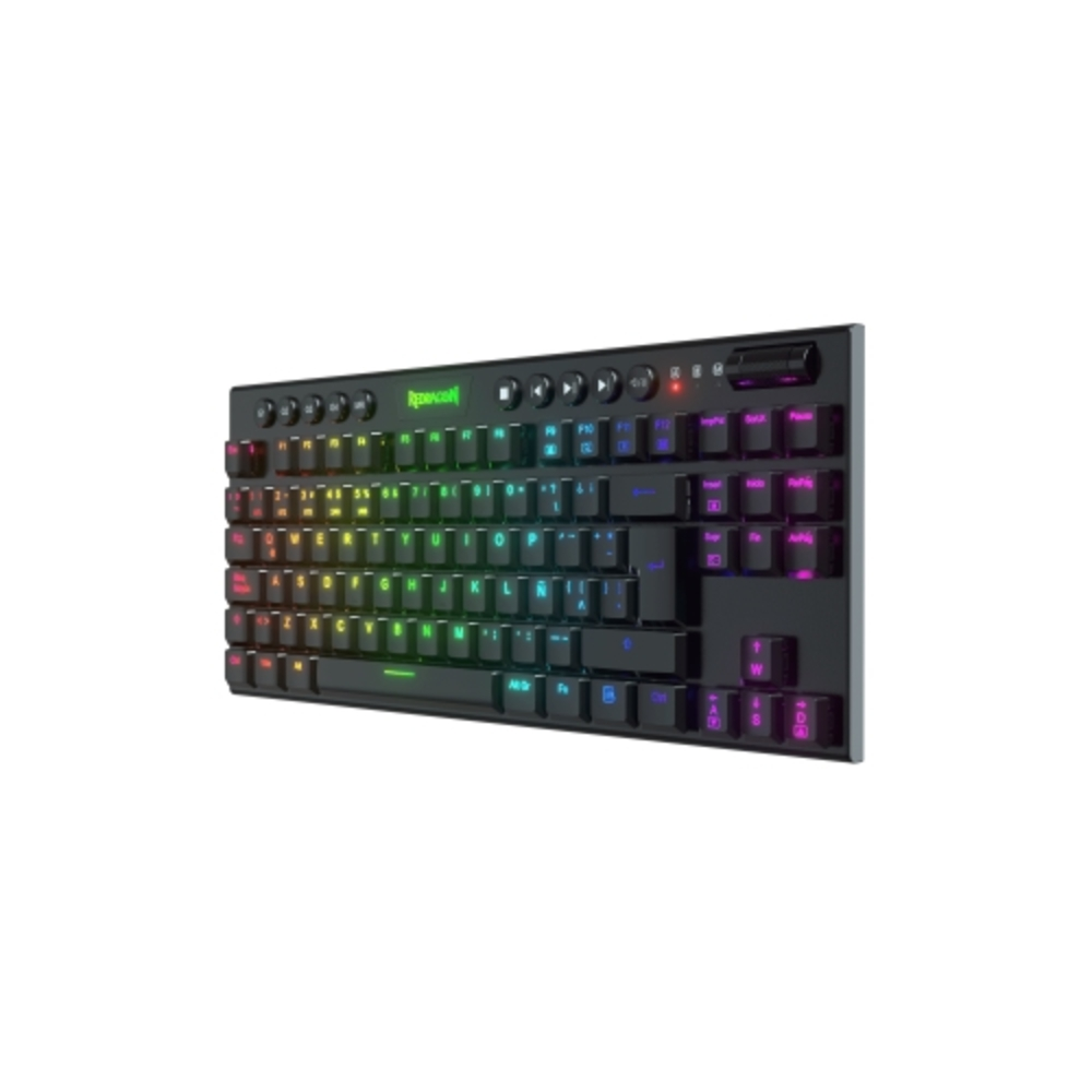 Teclado Redragon negro con teclas arcoíris, vista en ángulo. Las teclas están iluminadas.