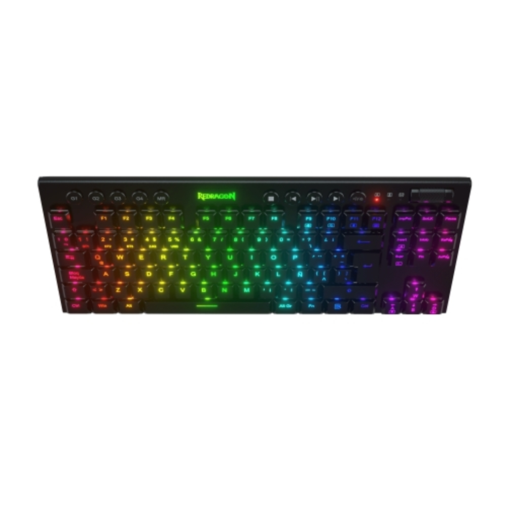 Teclado Redragon negro con teclas arcoíris. Las teclas están iluminadas, teclado en ángulo desde arriba.