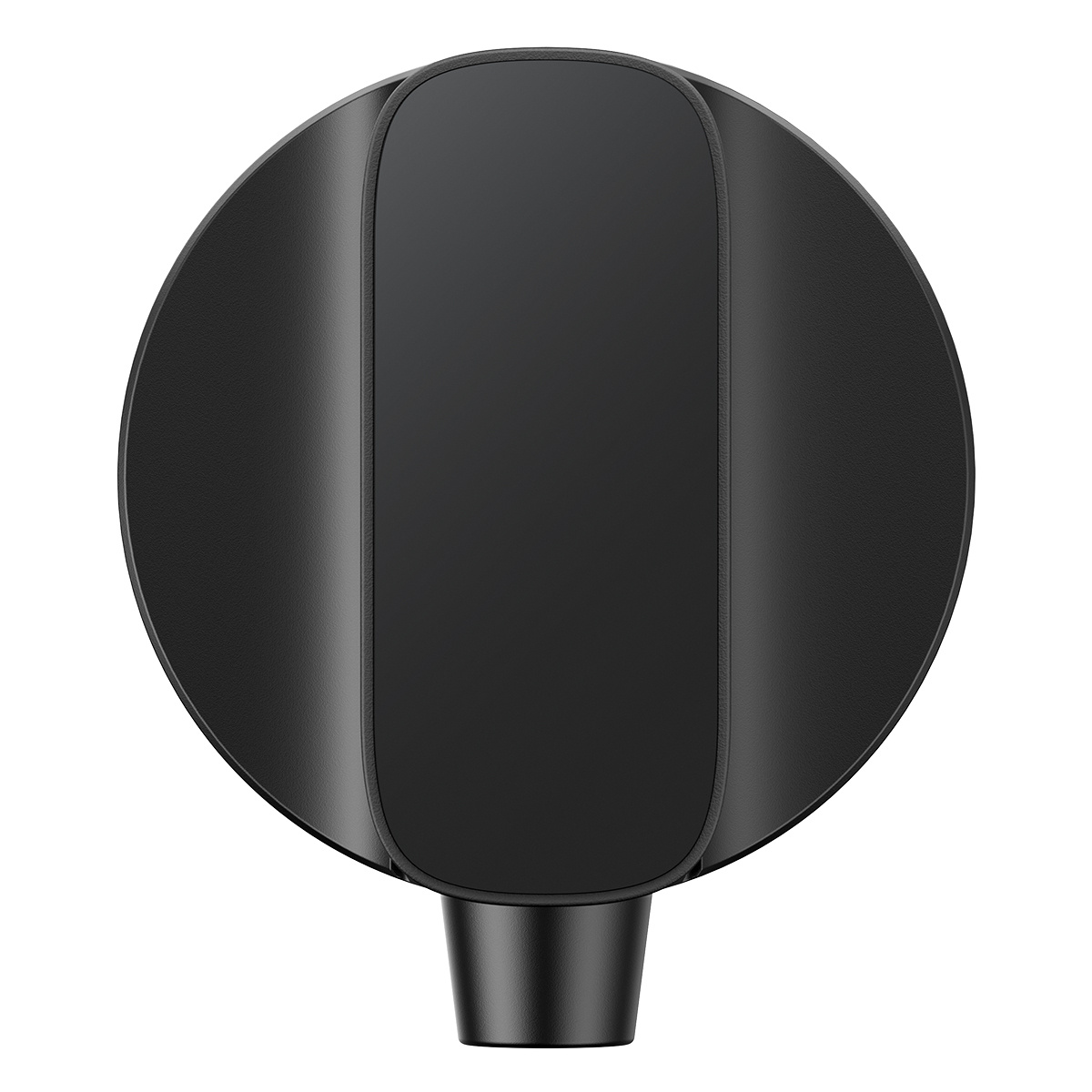 Czarne lusterko samochodowe, okrągły kształt. Lusterko odwrócone od widza, pokazujące tył.