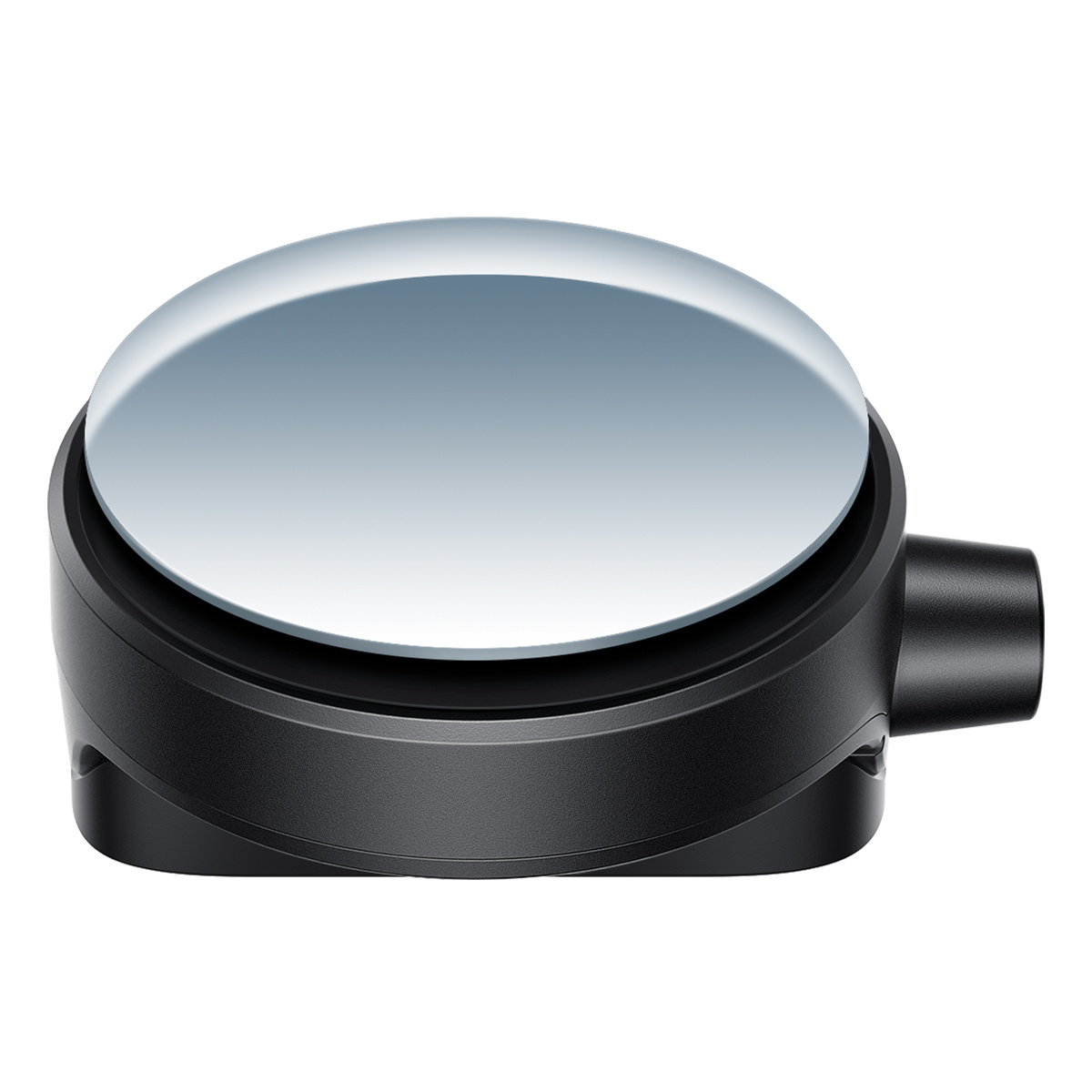 Czarny lusterko samochodowe z okrągłą, odblaskową powierzchnią. Na białym tle.