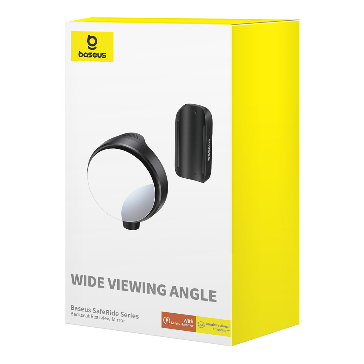 Białe pudełko z lusterkiem samochodowym i czarnym uchwytem. Pudełko ma tekst i żółty bok.