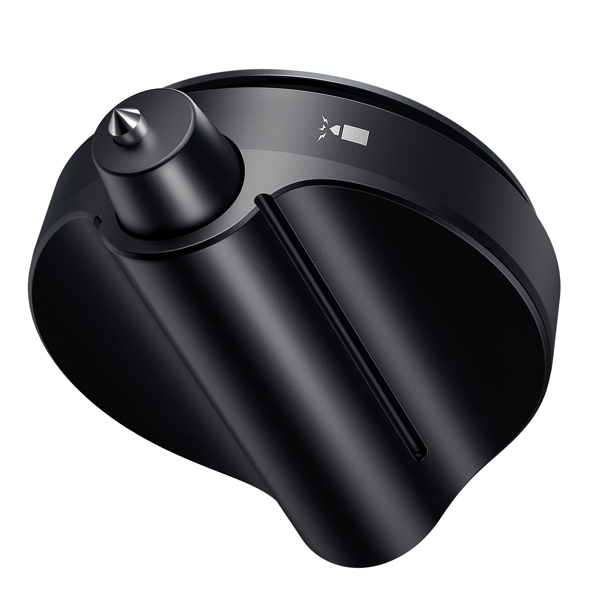 Czarne urządzenie ze srebrną końcówką i małym wskaźnikiem. Na białym tle.